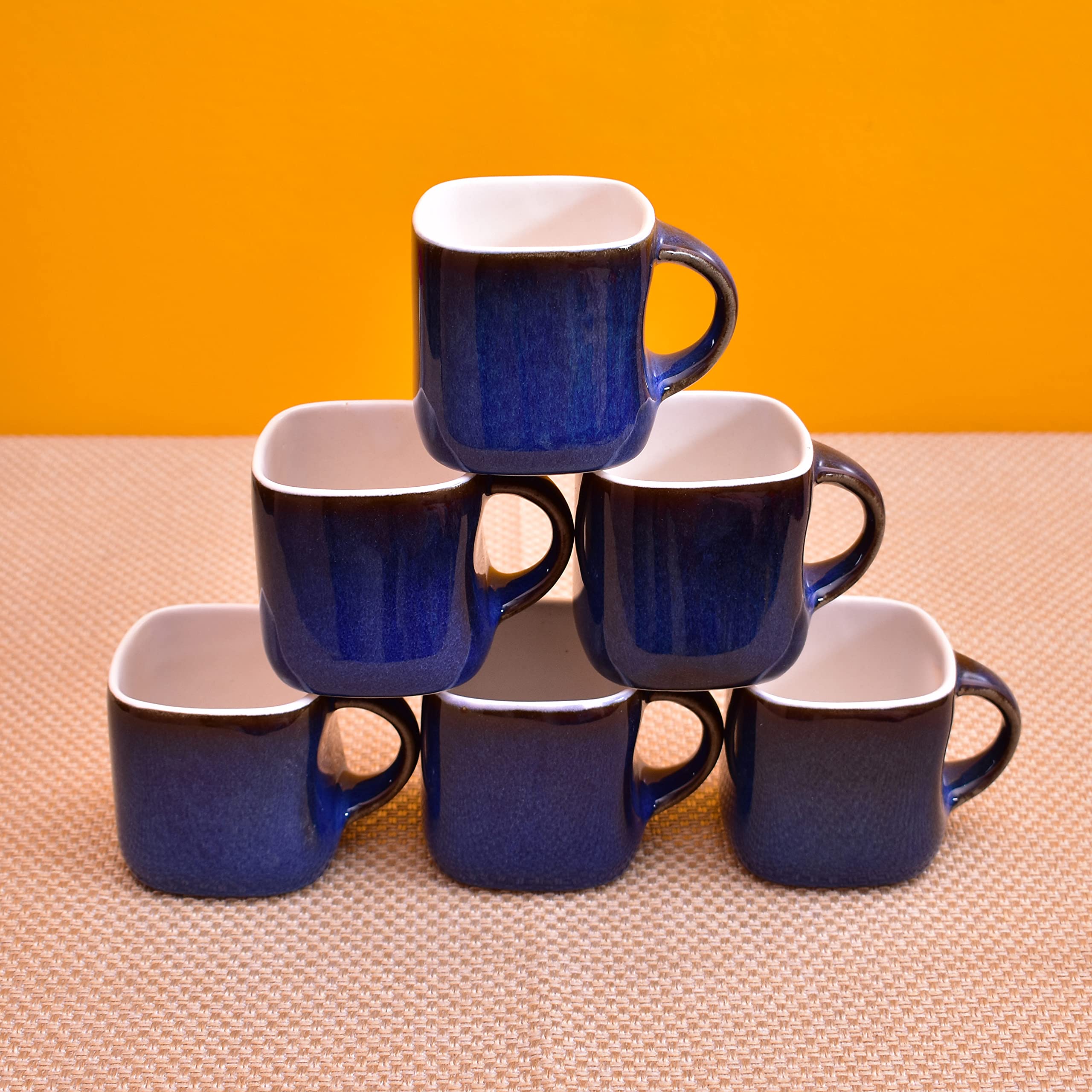 Kunhar Ceramic Tea Cups - 6 Pieces, Blue, 125ml