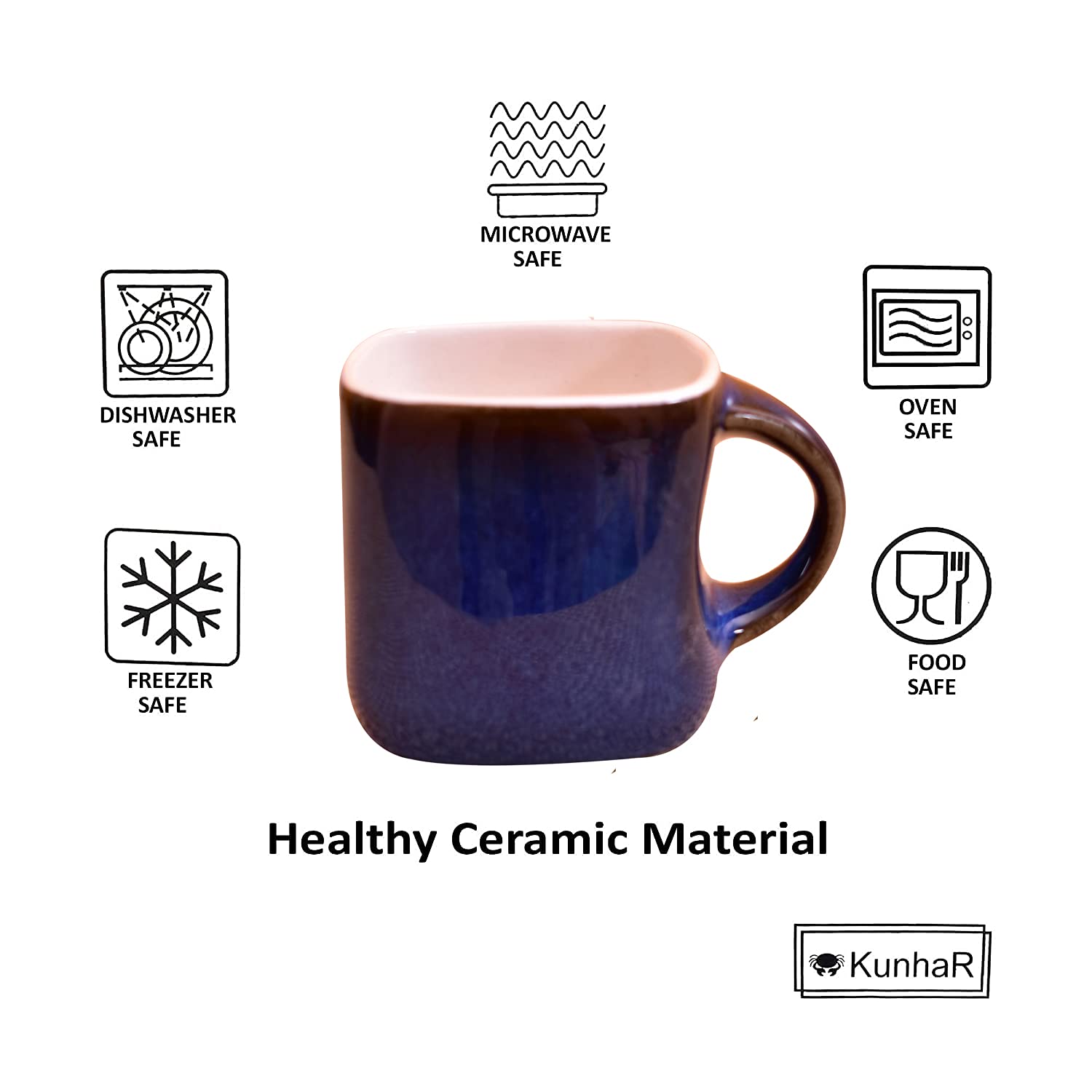 Kunhar Ceramic Tea Cups - 6 Pieces, Blue, 125ml