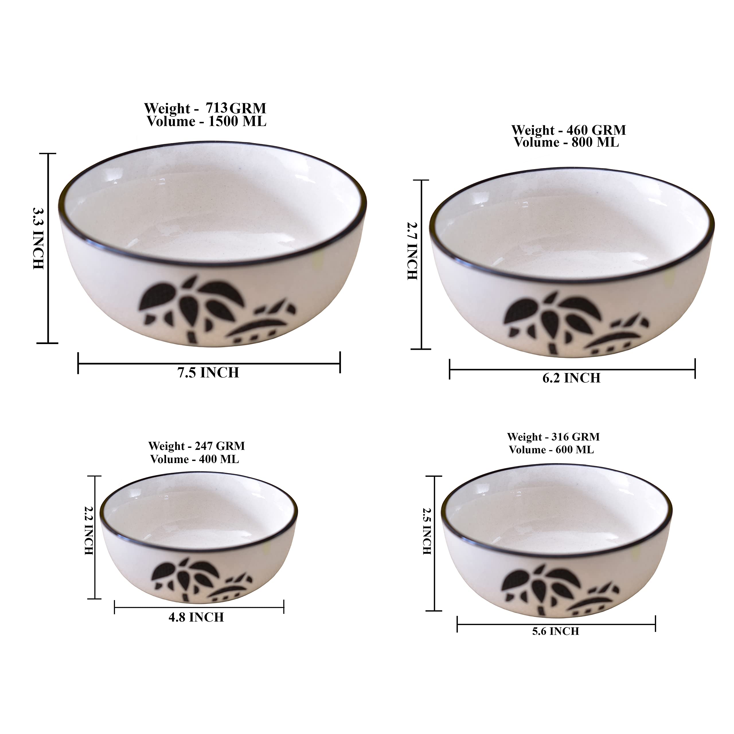 Kunhar Ceramic Mixing Bowl Set – 4 Pieces (1500ml, 800ml, 600ml, 400ml), Coconut White – Durable, Microwave & Dishwasher Safe – Ideal for Mixing, Serving & Storage