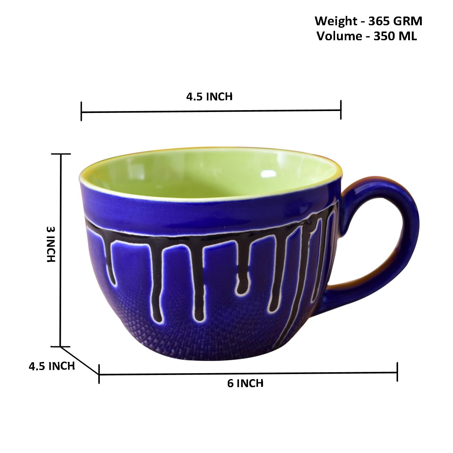 Kunhar Ceramic Jumbo Coffee Mug Soup Mug Noodle Mug - 350 ML - Microwave Safe & Freezer Safe, Set of 1, Blue Green