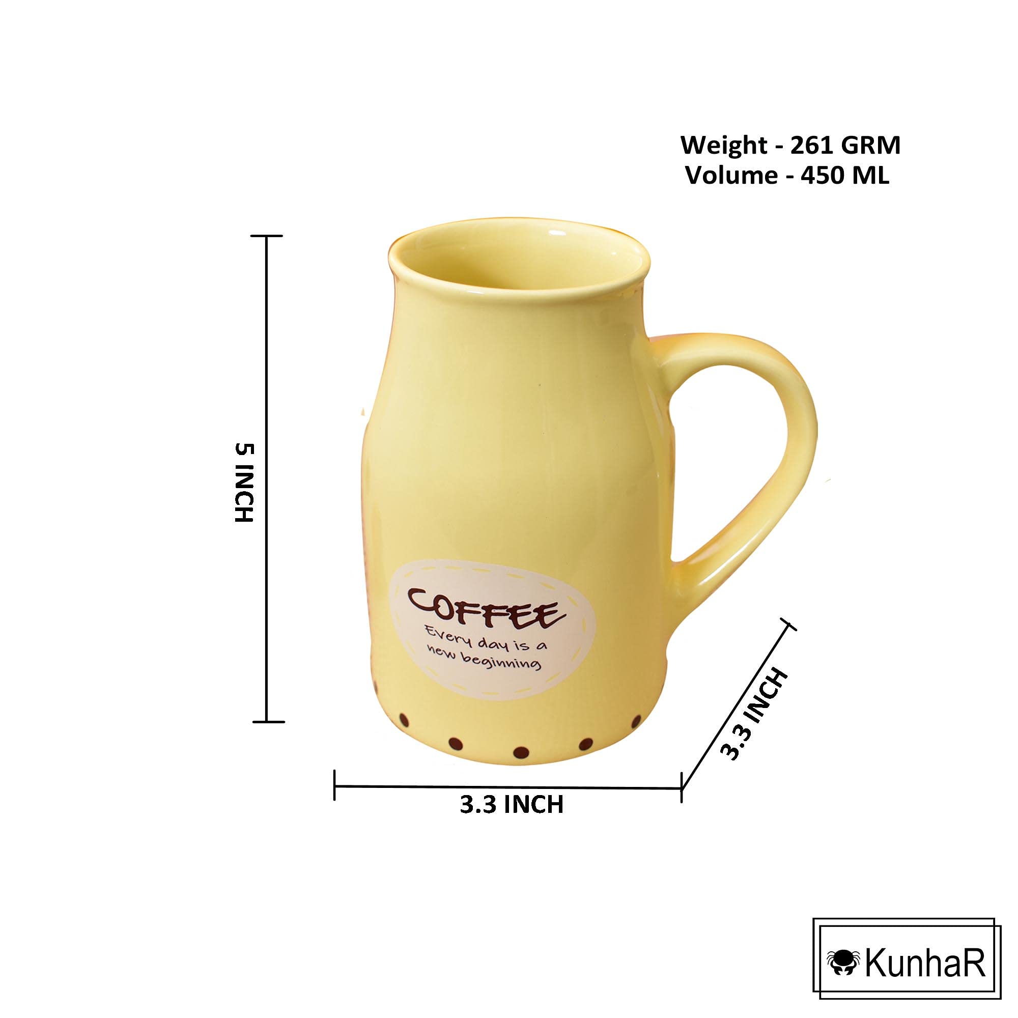 Kunhar Ceramic Coffee Mug - 2 Pieces, Lemon, 450ml
