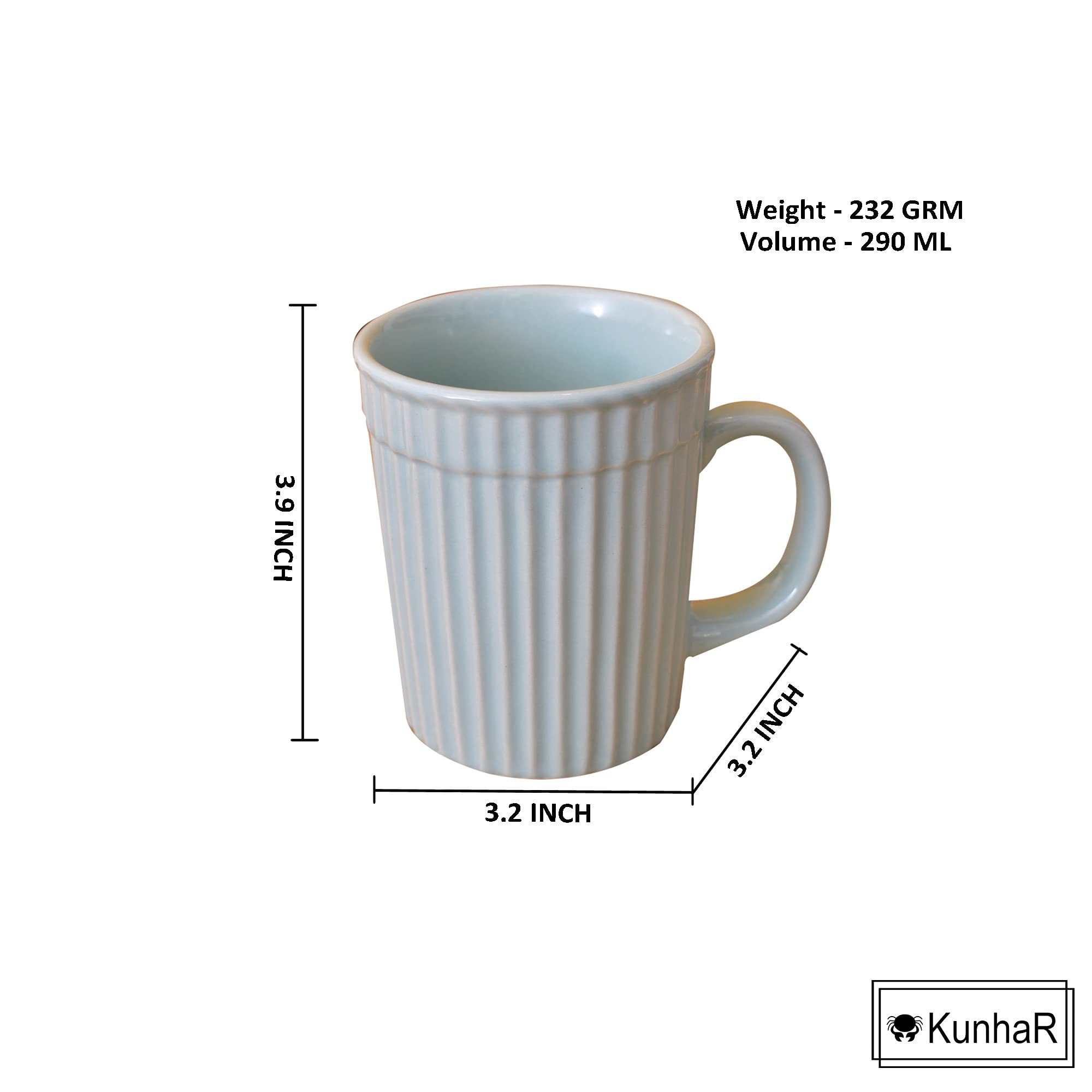 Kunhar Ceramic Coffee Mugs - 4 Piece, Cadet Blue, 290ml