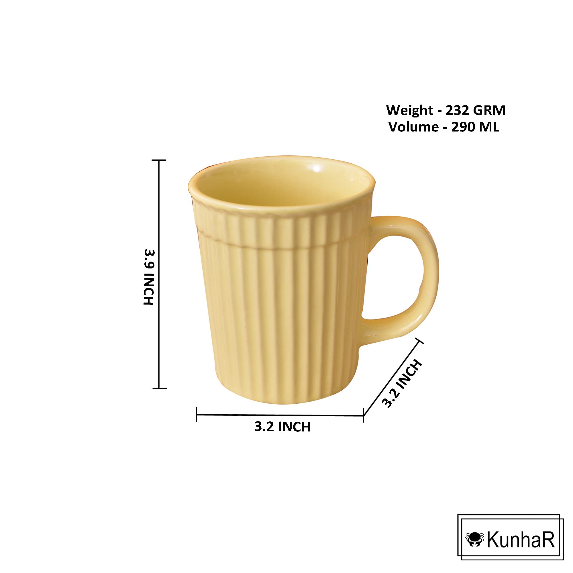 Kunhar Ceramic Coffee Mugs - 4 Piece, Lemon, 290ml