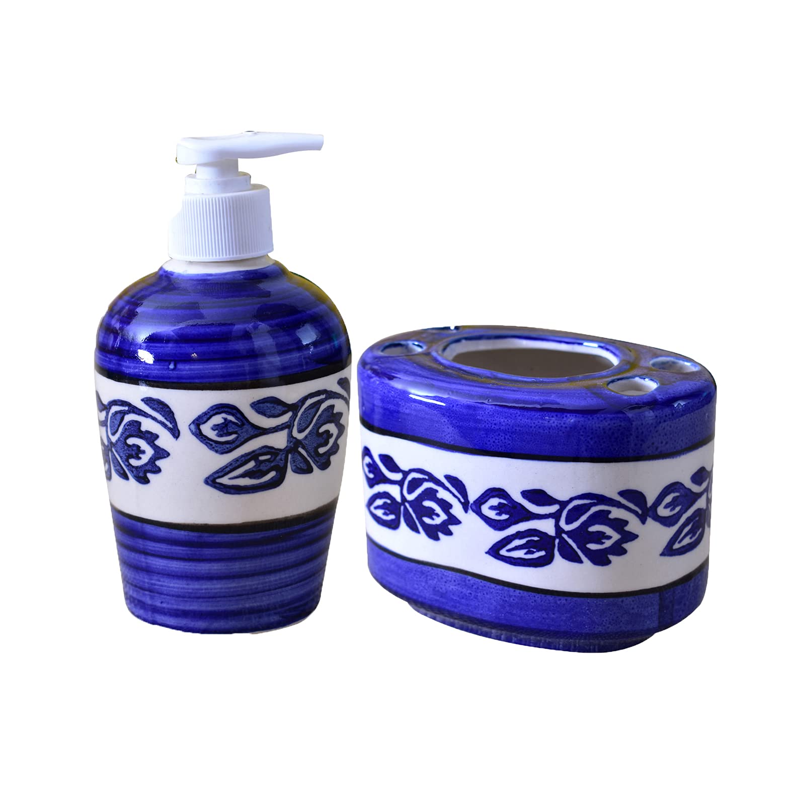 KunhaR Ceramic Bathroom Accessory Set Blue Liquid Soap Dispenser Toothbrush Holder