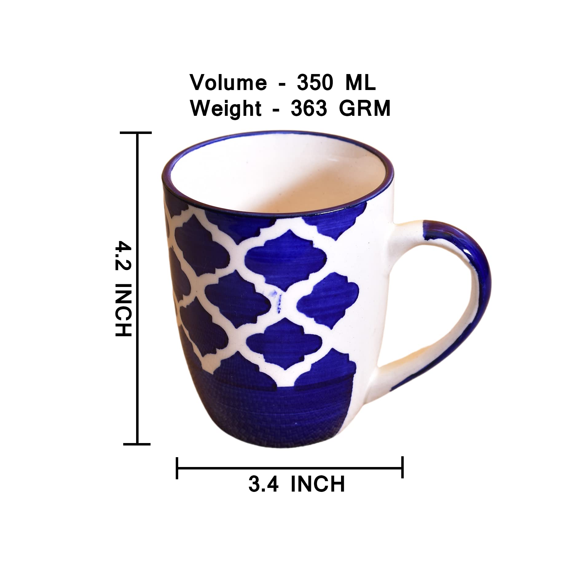 Kunhar Ceramic Milk Mug, Coffee Mug - 2 Pieces, Blue Chidi, 350 ml