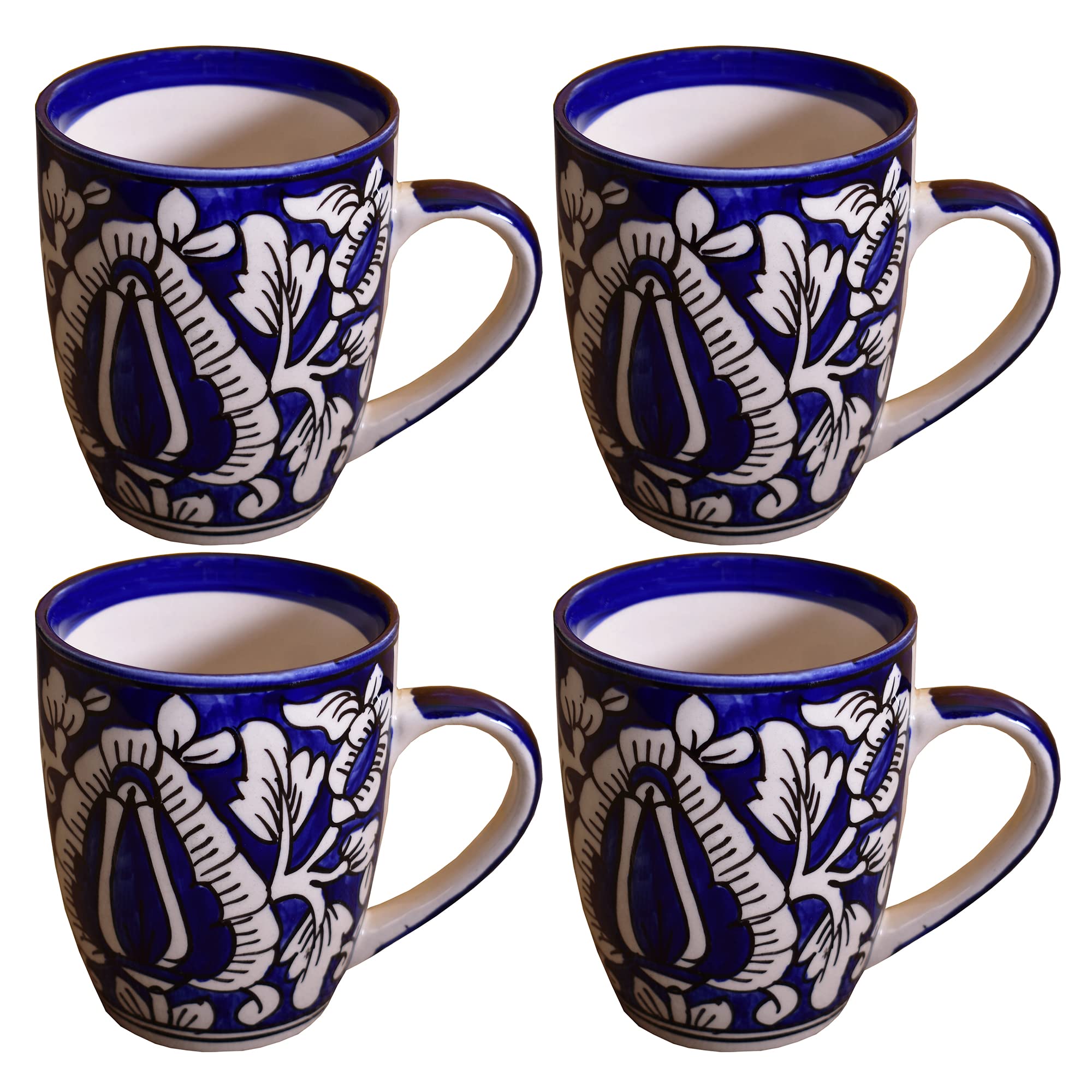 Kunhar Ceramic Milk Mug, Coffee Mug, Mughal Painting Mug - 4 Pieces, Blue, 400 ml
