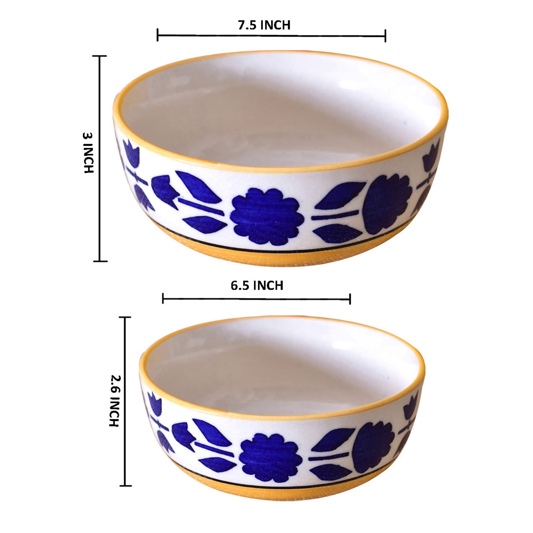 Kunhar Ceramic Mixing Bowls - 1500 ML and 800 ML, 2 Pieces, Yellow Blue