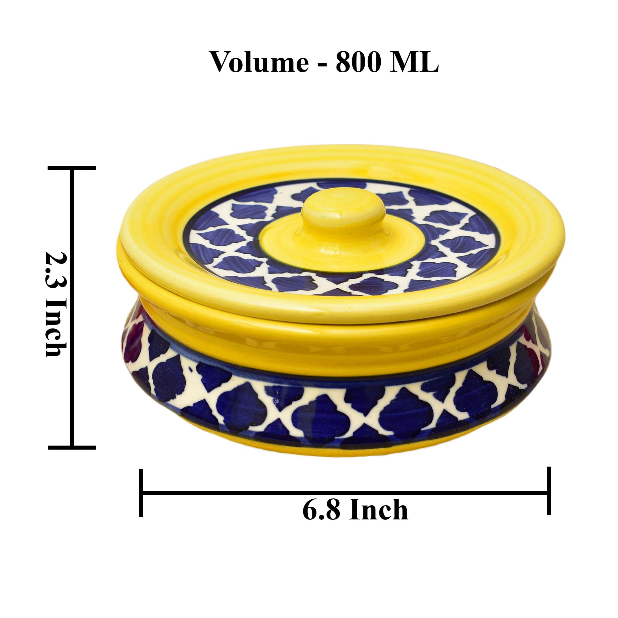 Kunhar Ceramic Donga with Lid, Ceramic Serving Casserole, 800 Ml, 1 Piece, Yellow Blue Chidi (Size 2 Number)