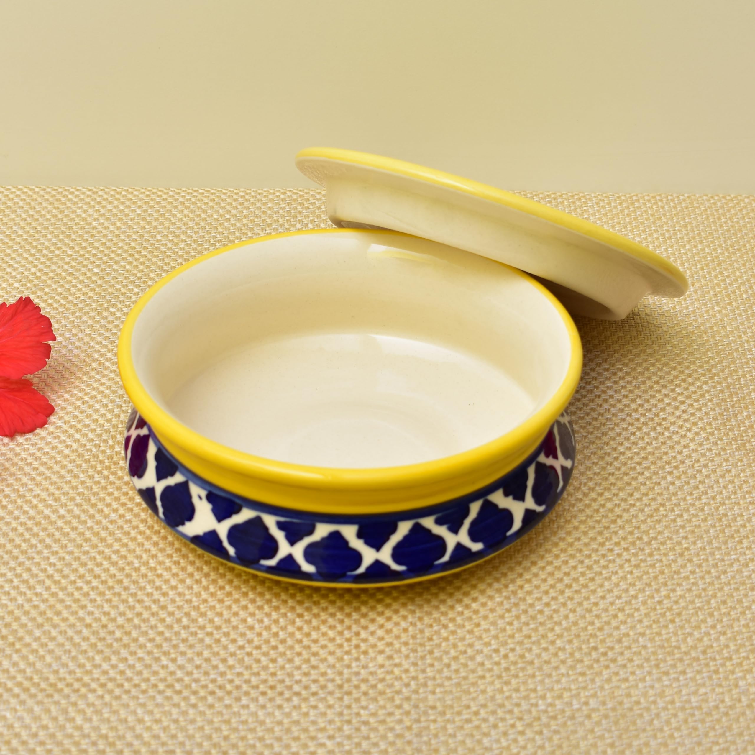 Kunhar Ceramic Donga with Lid, Ceramic Serving Casserole, 800 Ml, 1 Piece, Yellow Blue Chidi (Size 2 Number)
