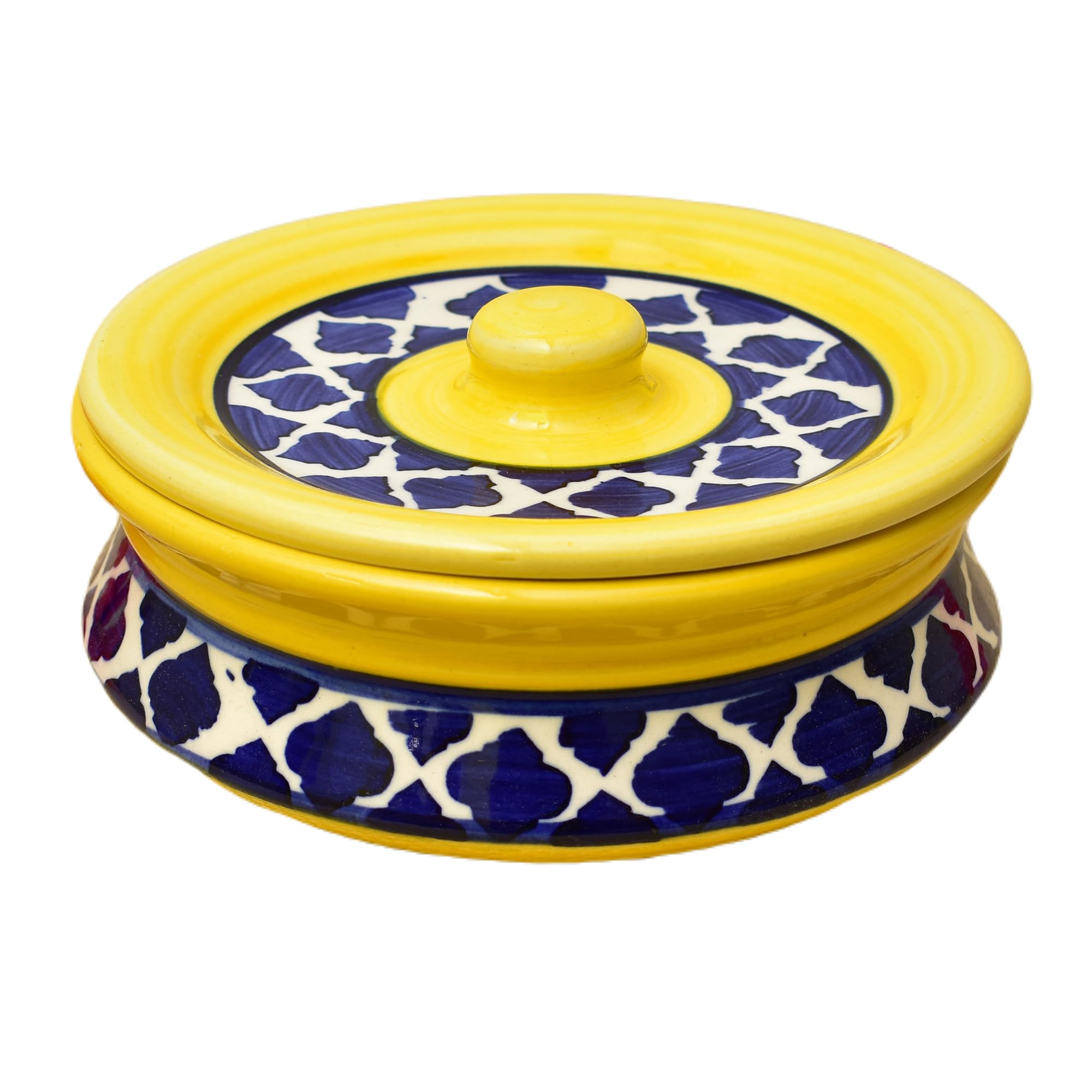 Kunhar Ceramic Donga with Lid, Ceramic Serving Casserole, 800 Ml, 1 Piece, Yellow Blue Chidi (Size 2 Number)