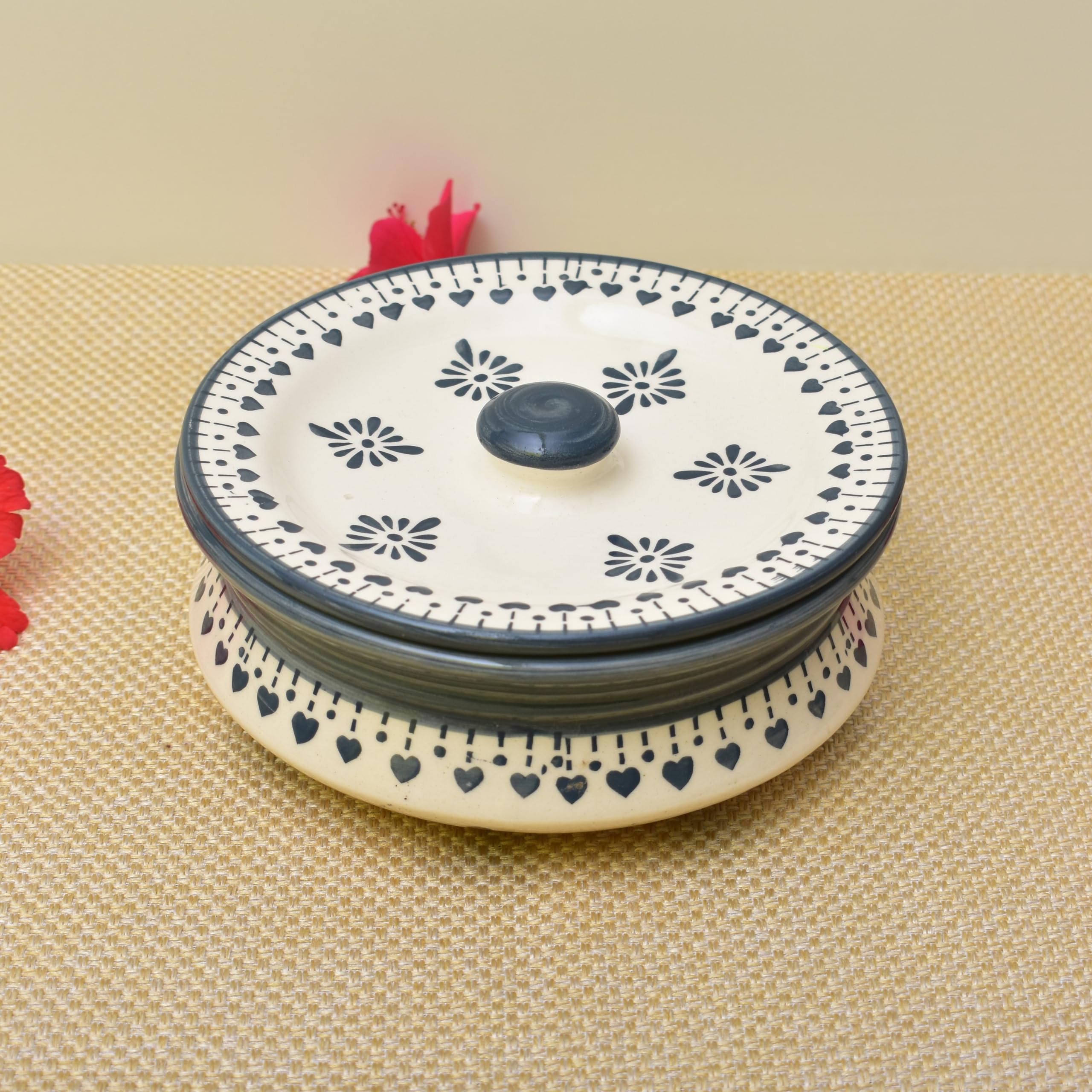 Kunhar Ceramic Serving Donga with Lid 800ML White Grey Flower – Durable Kitchen Casserole 1 Piece Size 2