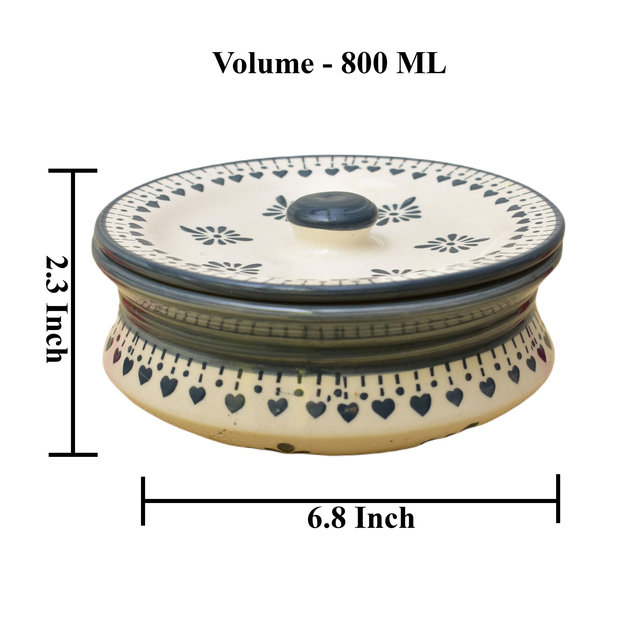 Kunhar Ceramic Serving Donga with Lid 800ML White Grey Flower – Durable Kitchen Casserole 1 Piece Size 2