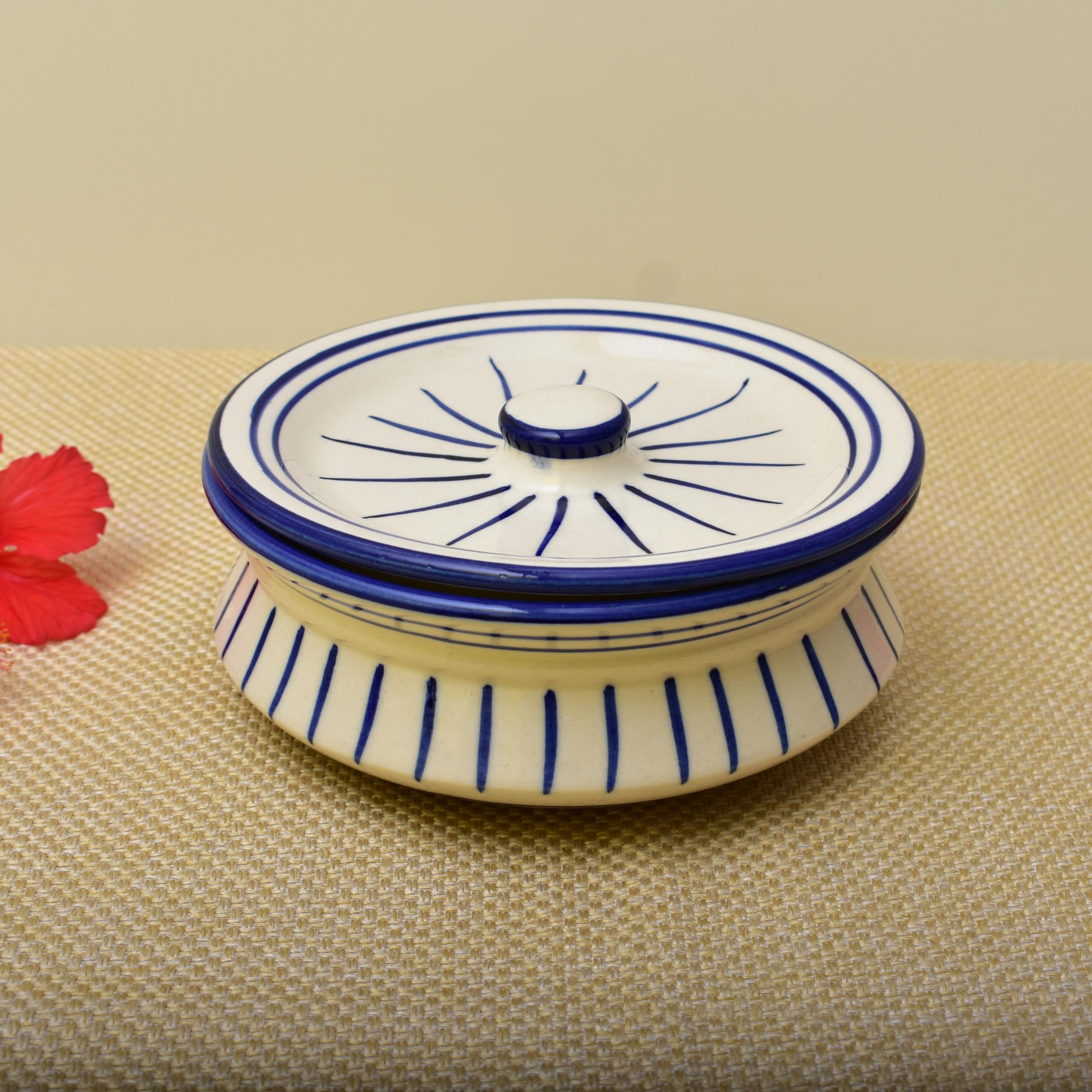 Kunhar Ceramic Donga with Lid, Ceramic Serving Casserole, 800 Ml, 1 Piece, White Green Line (Size 2 Number)