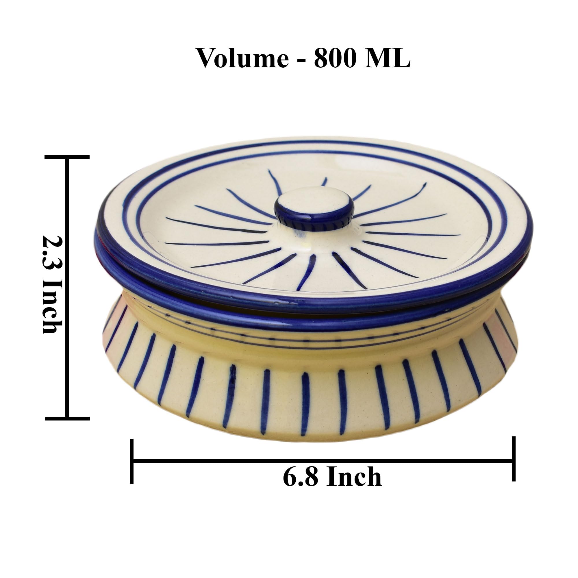 Kunhar Ceramic Donga with Lid, Ceramic Serving Casserole, 800 Ml, 1 Piece, White Green Line (Size 2 Number)