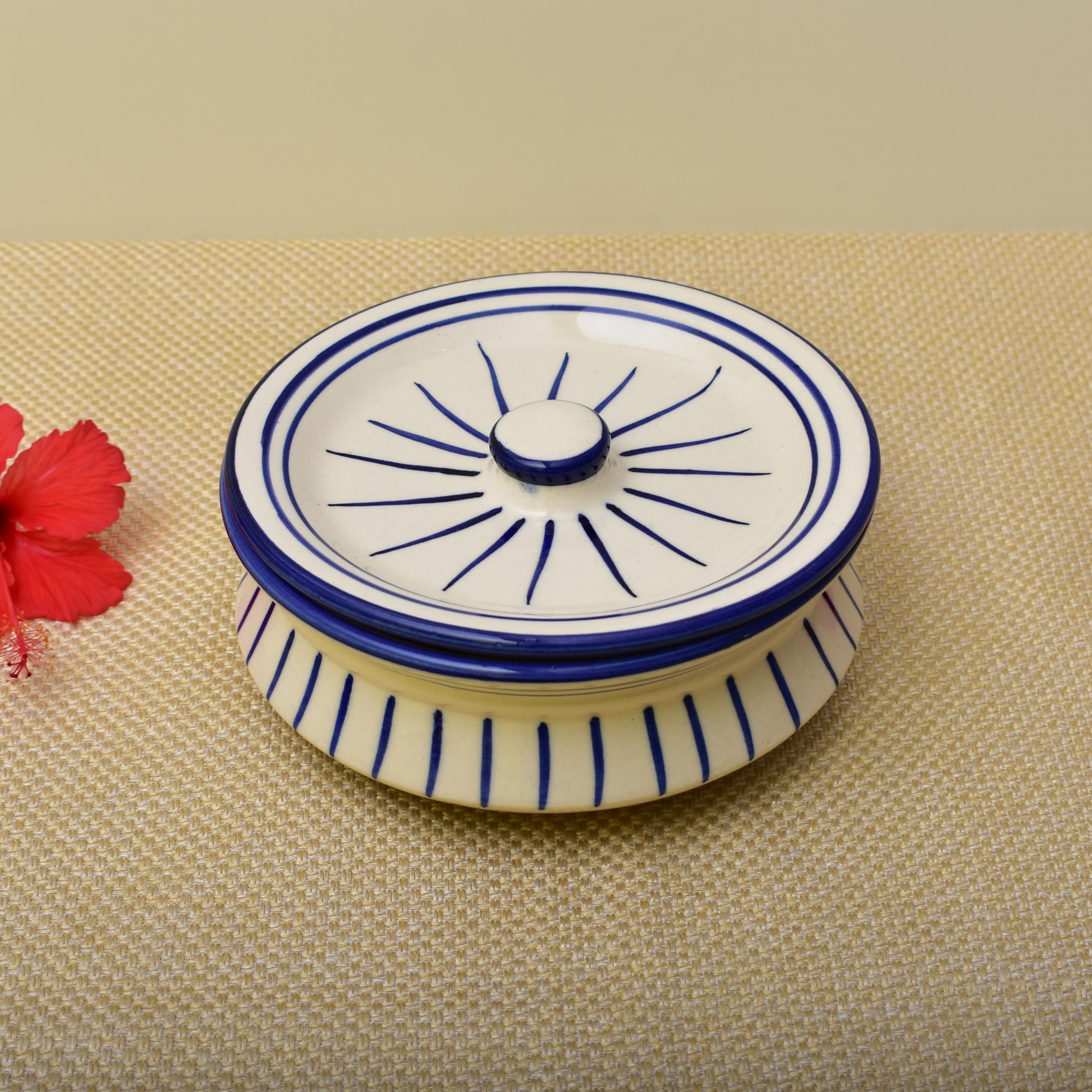 Kunhar Ceramic Donga with Lid, Ceramic Serving Casserole, 800 Ml, 1 Piece, White Green Line (Size 2 Number)