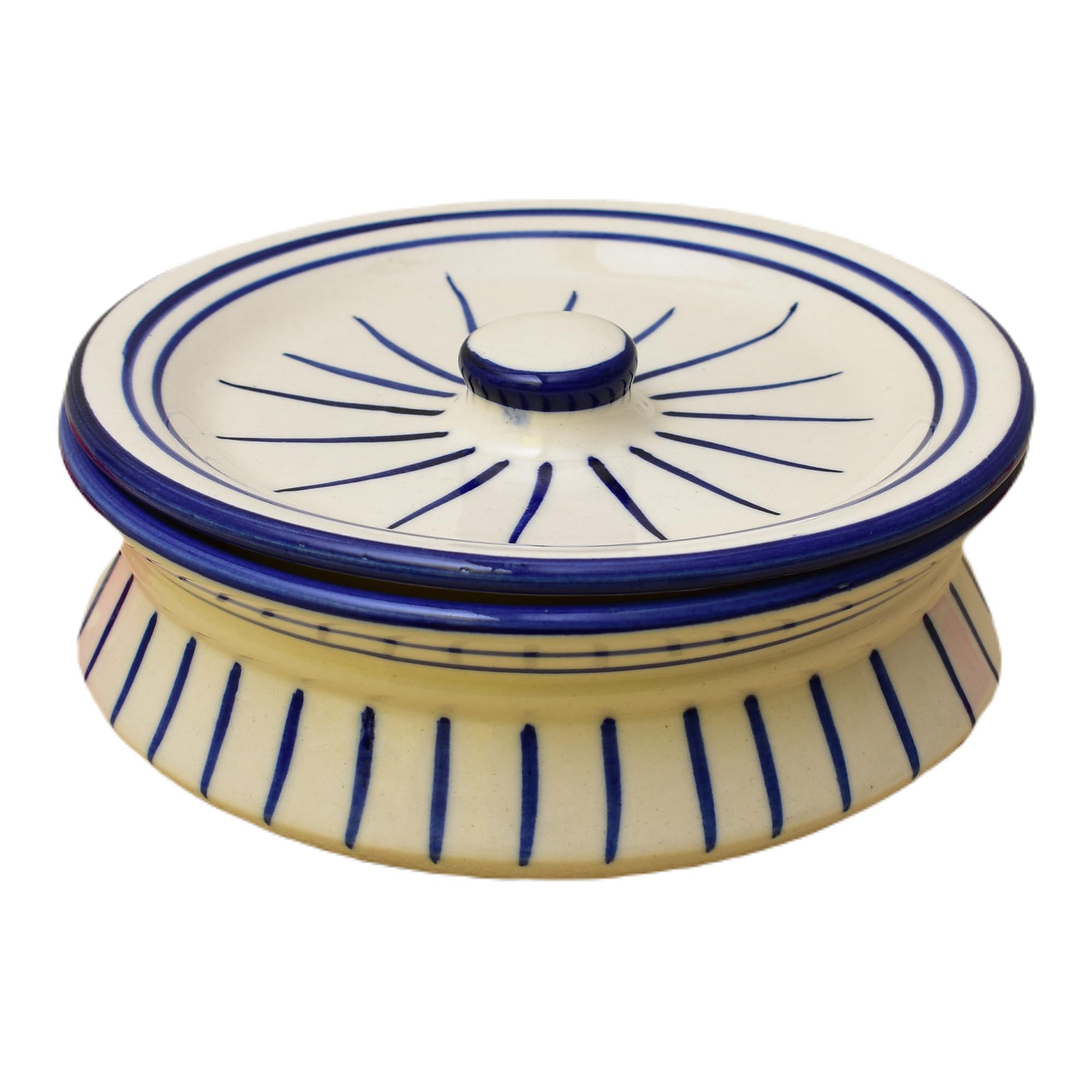 Kunhar Ceramic Donga with Lid, Ceramic Serving Casserole, 800 Ml, 1 Piece, White Green Line (Size 2 Number)