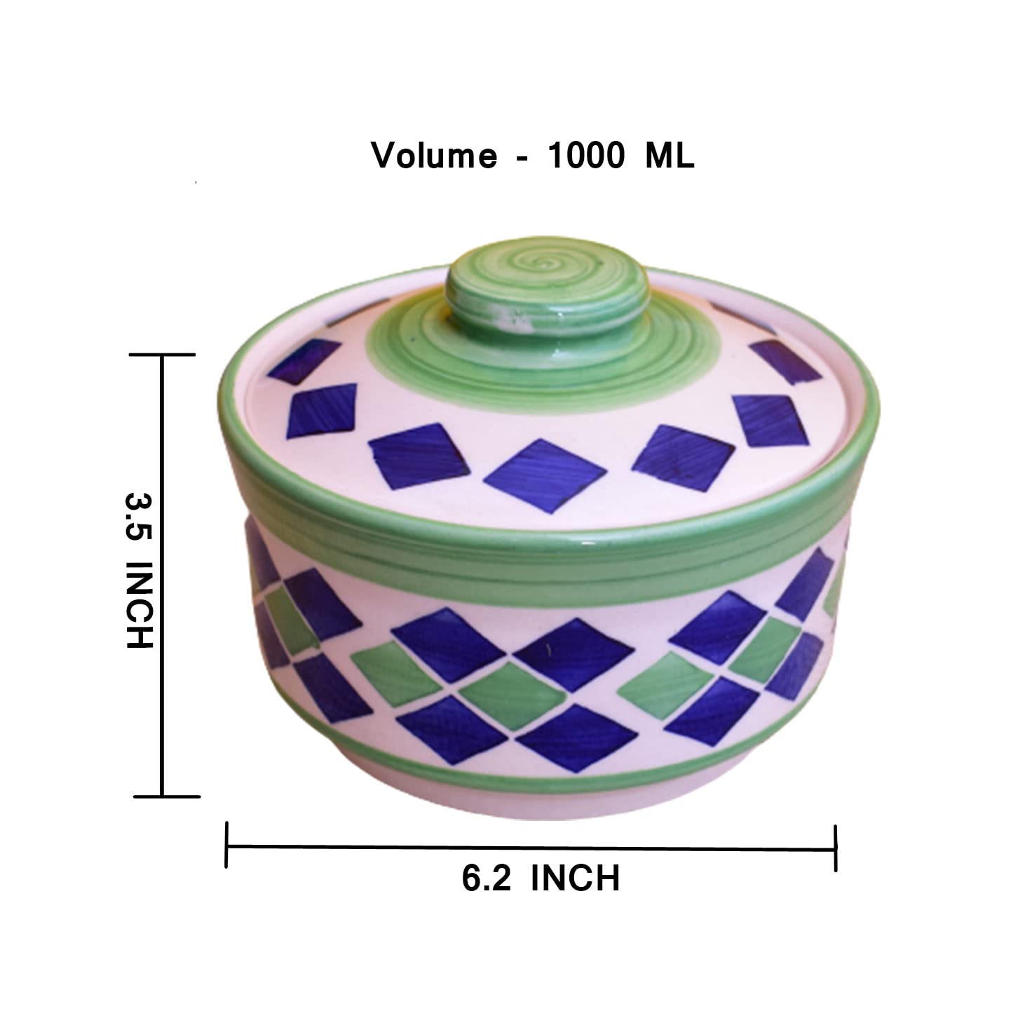 Kunhar Ceramic Donga With Lid, Ceramic Serving Donga, 1000 Ml, 1 Piece, Blue Green