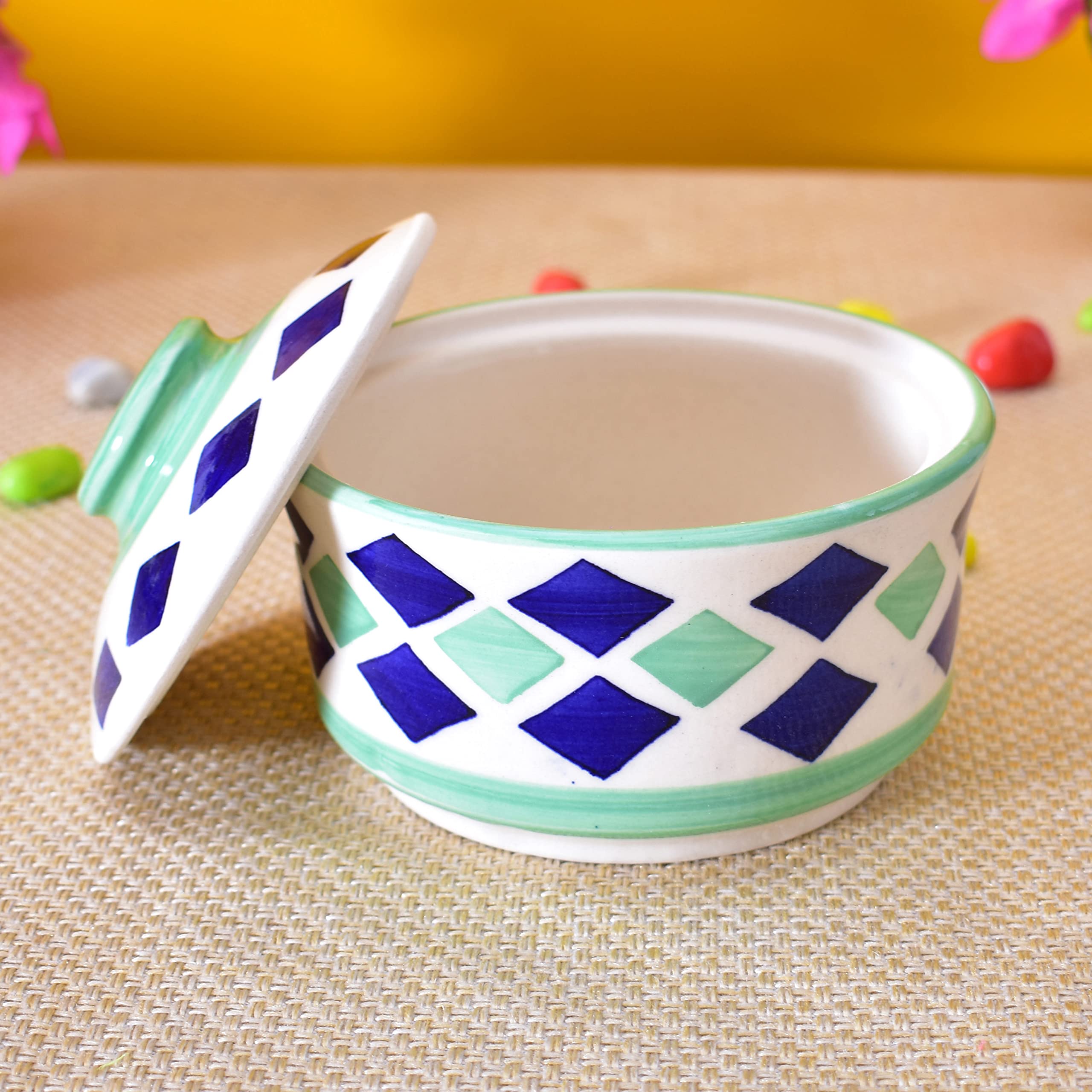 Kunhar Ceramic Donga With Lid, Ceramic Serving Donga, 1000 Ml, 1 Piece, Blue Green