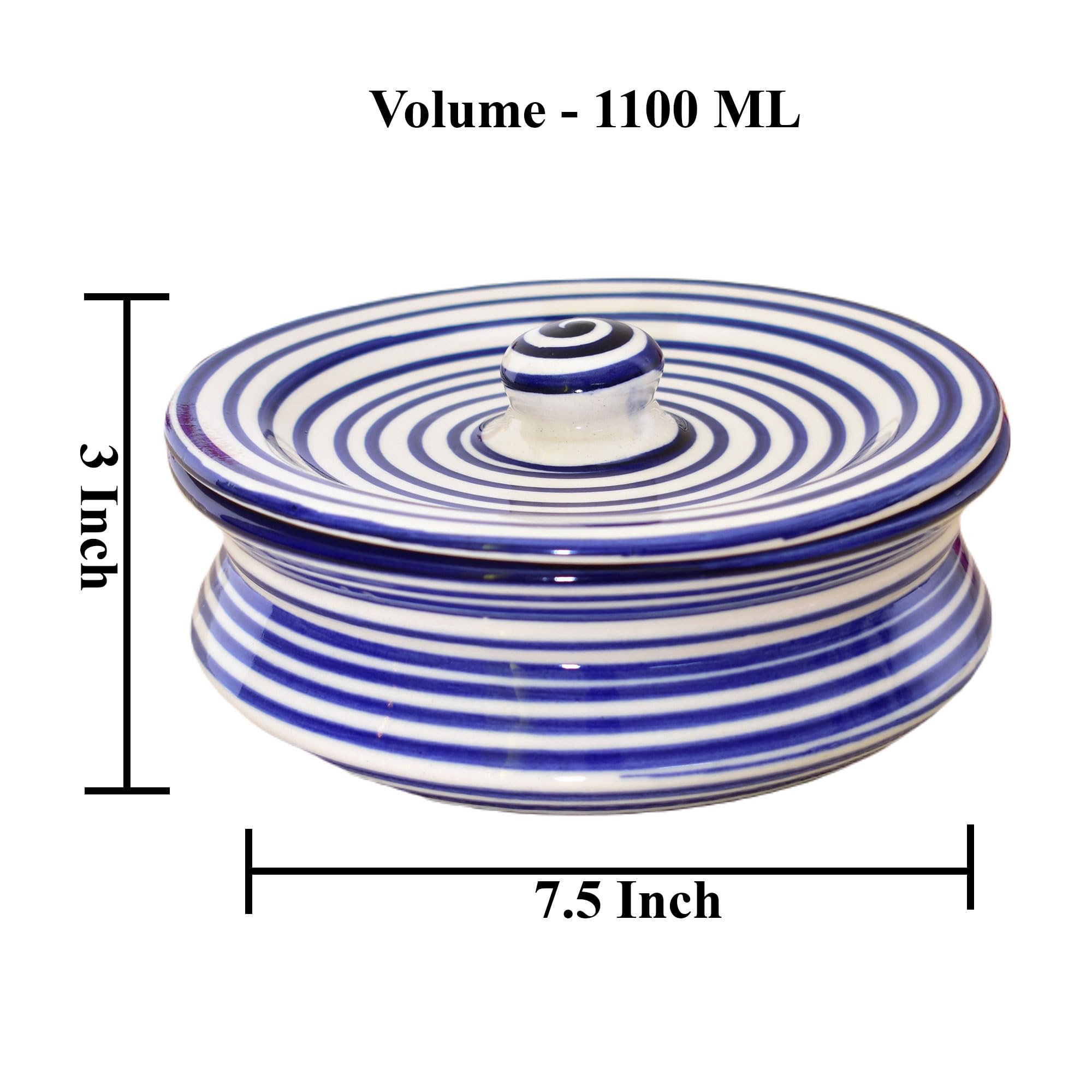 Kunhar Ceramic Donga with Lid, Ceramic Serving Casserole, 1100 Ml, 1 Piece, Blue Ring Line (Size 1 Number)