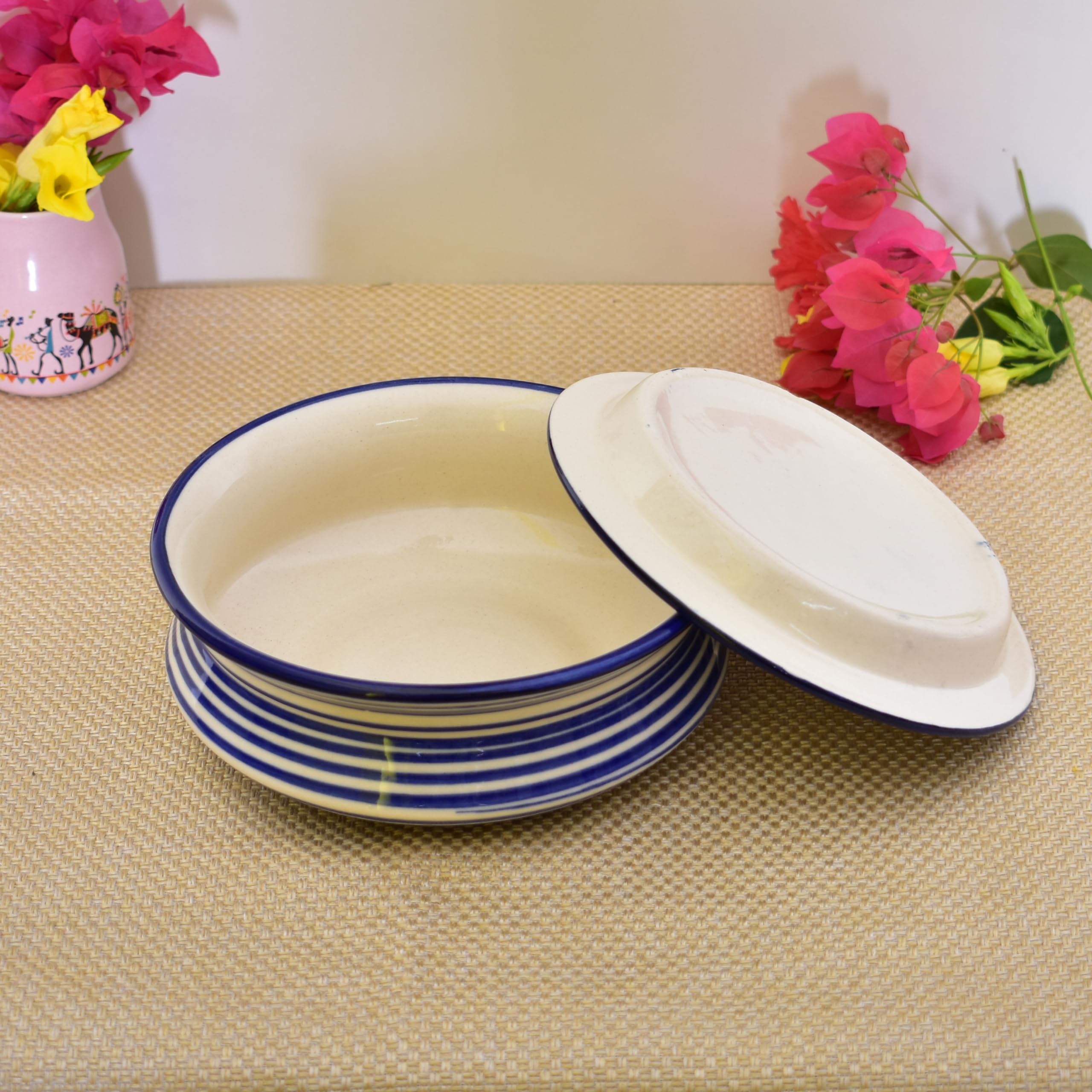 Kunhar Ceramic Donga with Lid, Ceramic Serving Casserole, 1100 Ml, 1 Piece, Blue Ring Line (Size 1 Number)