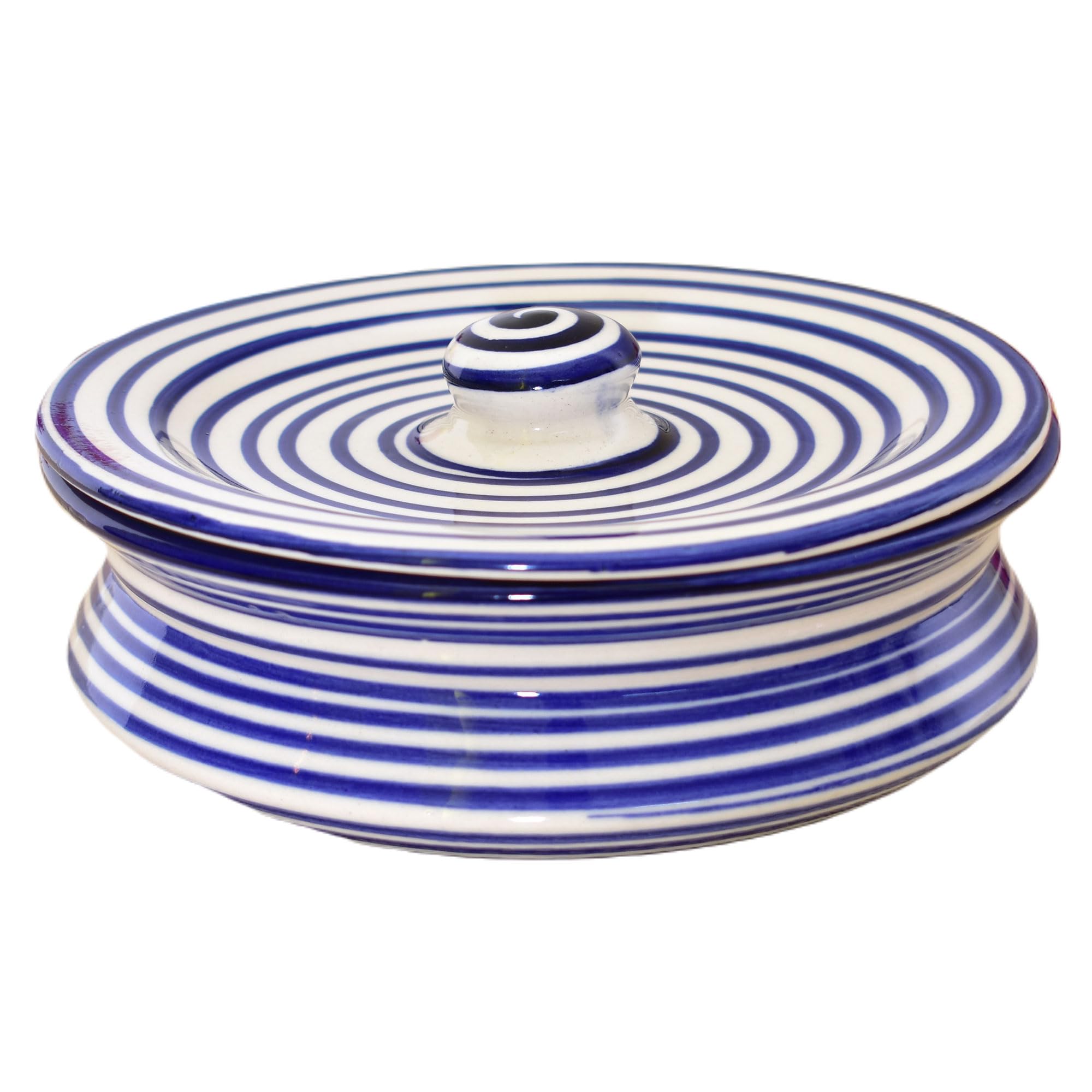 Kunhar Ceramic Donga with Lid, Ceramic Serving Casserole, 1100 Ml, 1 Piece, Blue Ring Line (Size 1 Number)