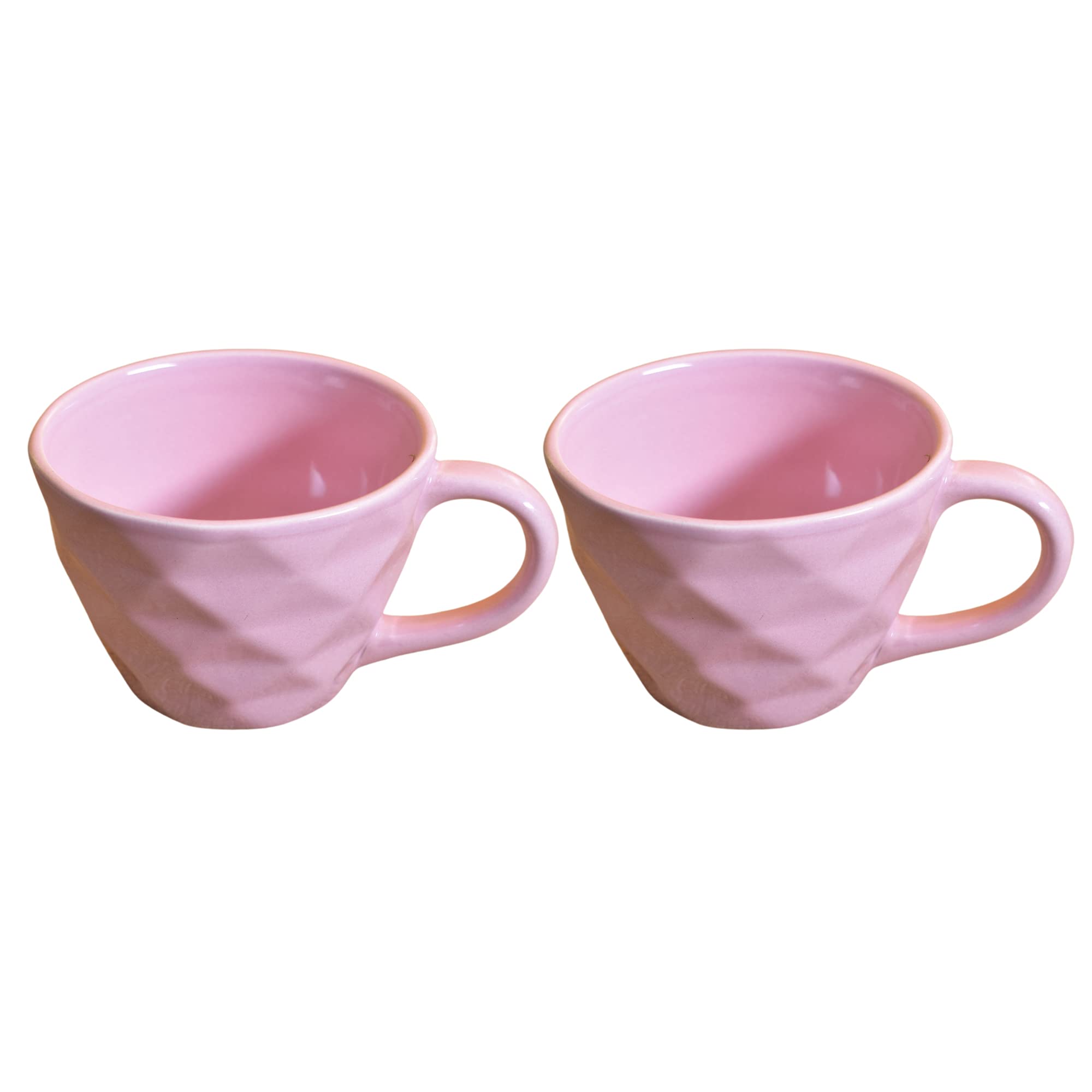 Kunhar Ceramic Diamond Shape Milk Mug, Coffee Mug, Soup Mug - 2 Pieces, Light Pink, 250ml