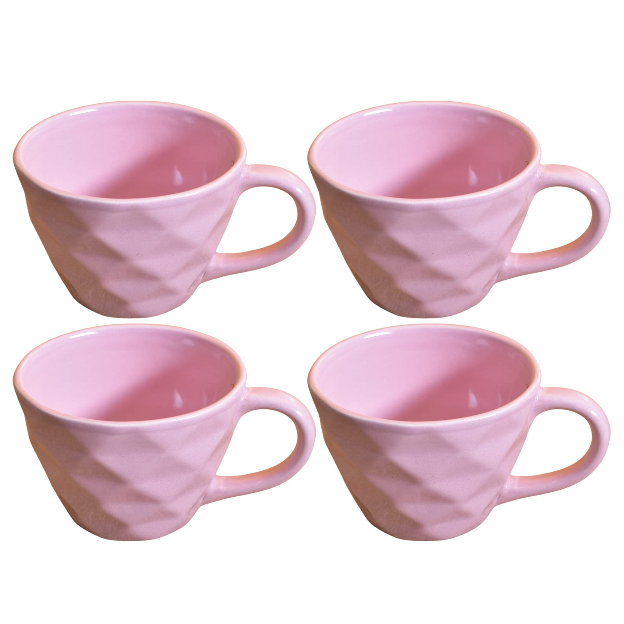 Kunhar Ceramic Diamond Shape Milk Mug, Coffee Mug, Soup Mug - 4 Pieces, Light Pink, 250ml
