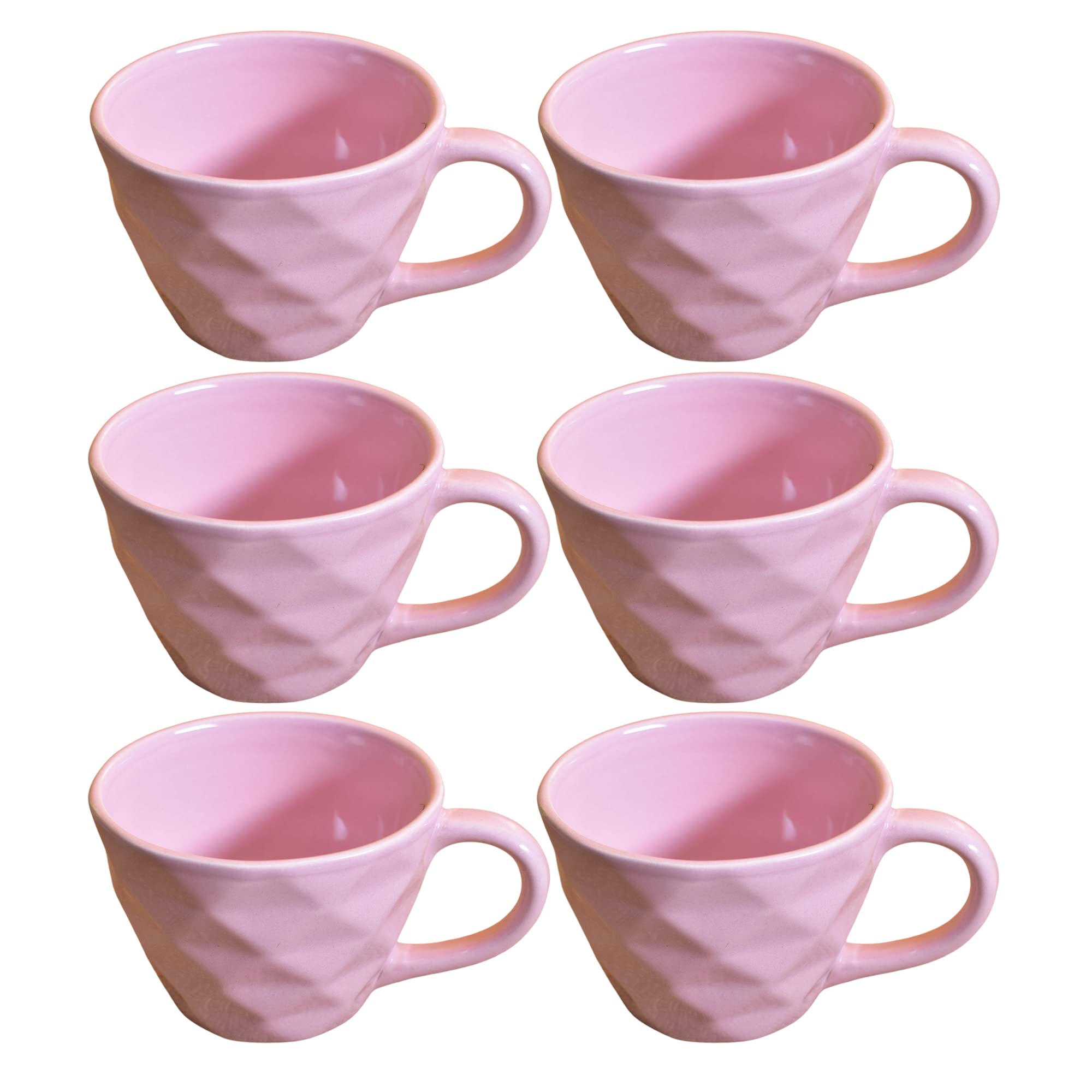 Kunhar Ceramic Diamond Shape Milk Mug, Coffee Mug, Soup Mug - 6 Pieces, Light Pink, 250ml