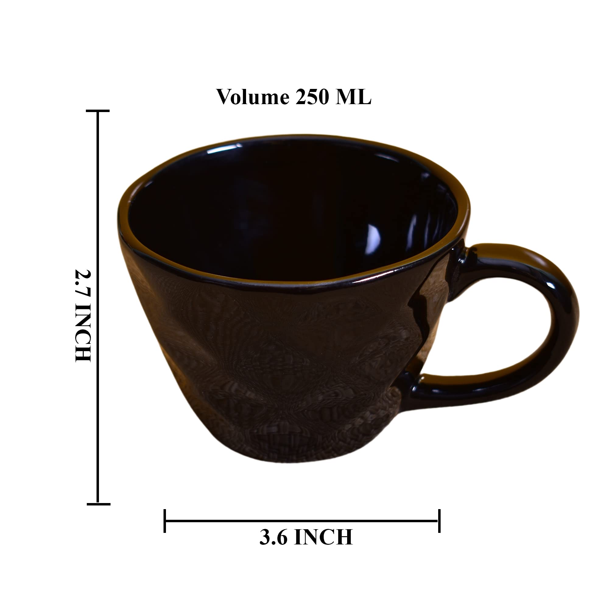 Kunhar Ceramic Diamond Shape Milk Mug, Coffee Mug, Soup Mug - 2 Pieces, Black, 250ml