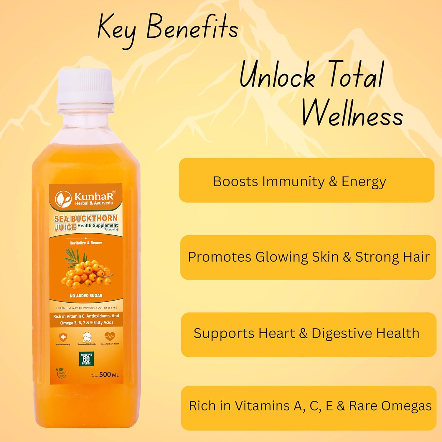 KunhaR Sea Buckthorn Juice | Health Supplement for Adults | No Added Sugar | Rich in Vitamin C, Omega 3, 6, 7 & 9 | Improves Skin & Immunity | 500ml (Pack of 1)