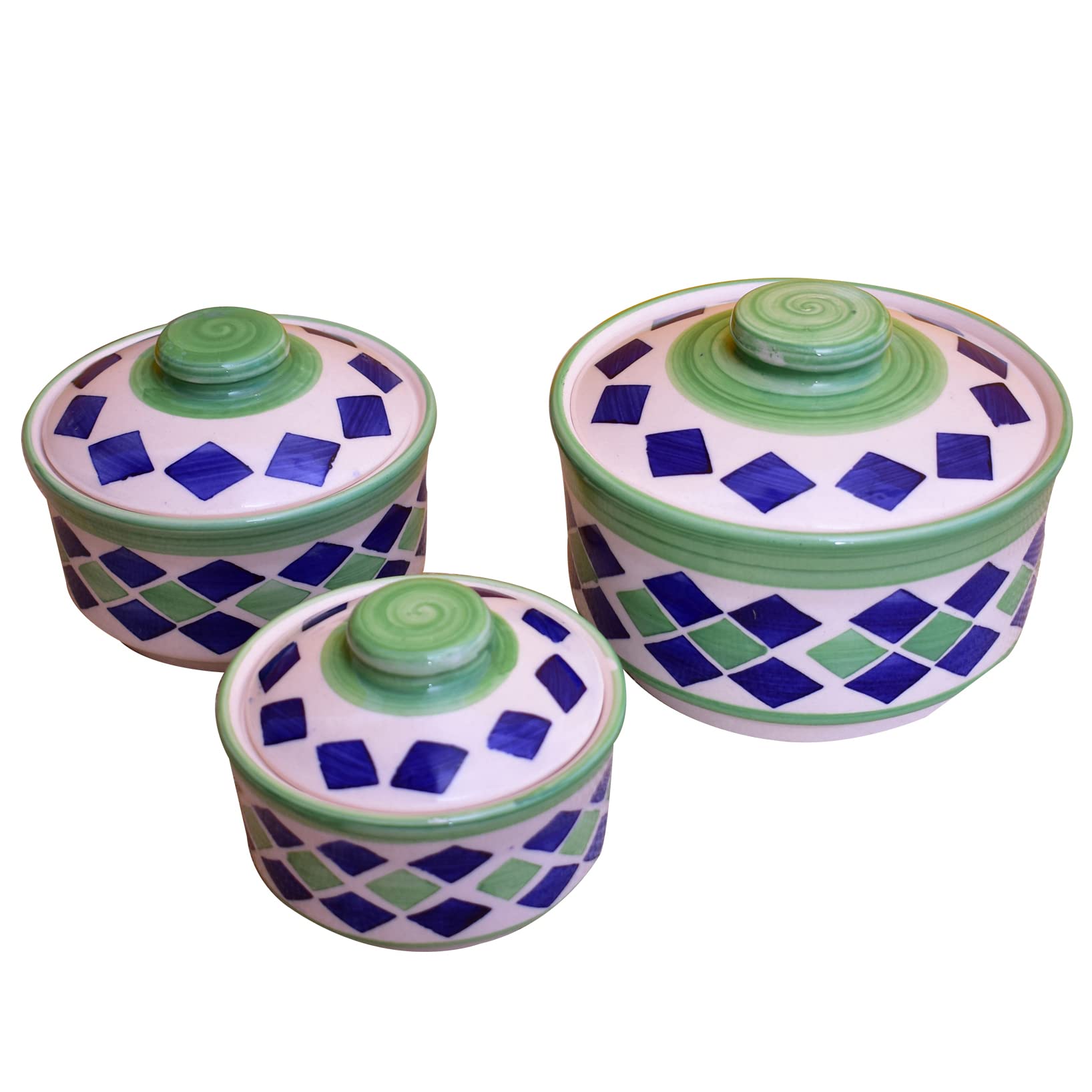Kunhar Ceramic Donga, Ceramic Serving Donga, 1000 Ml, 500 Ml and 250 Ml, 3 Pieces, Green Blue
