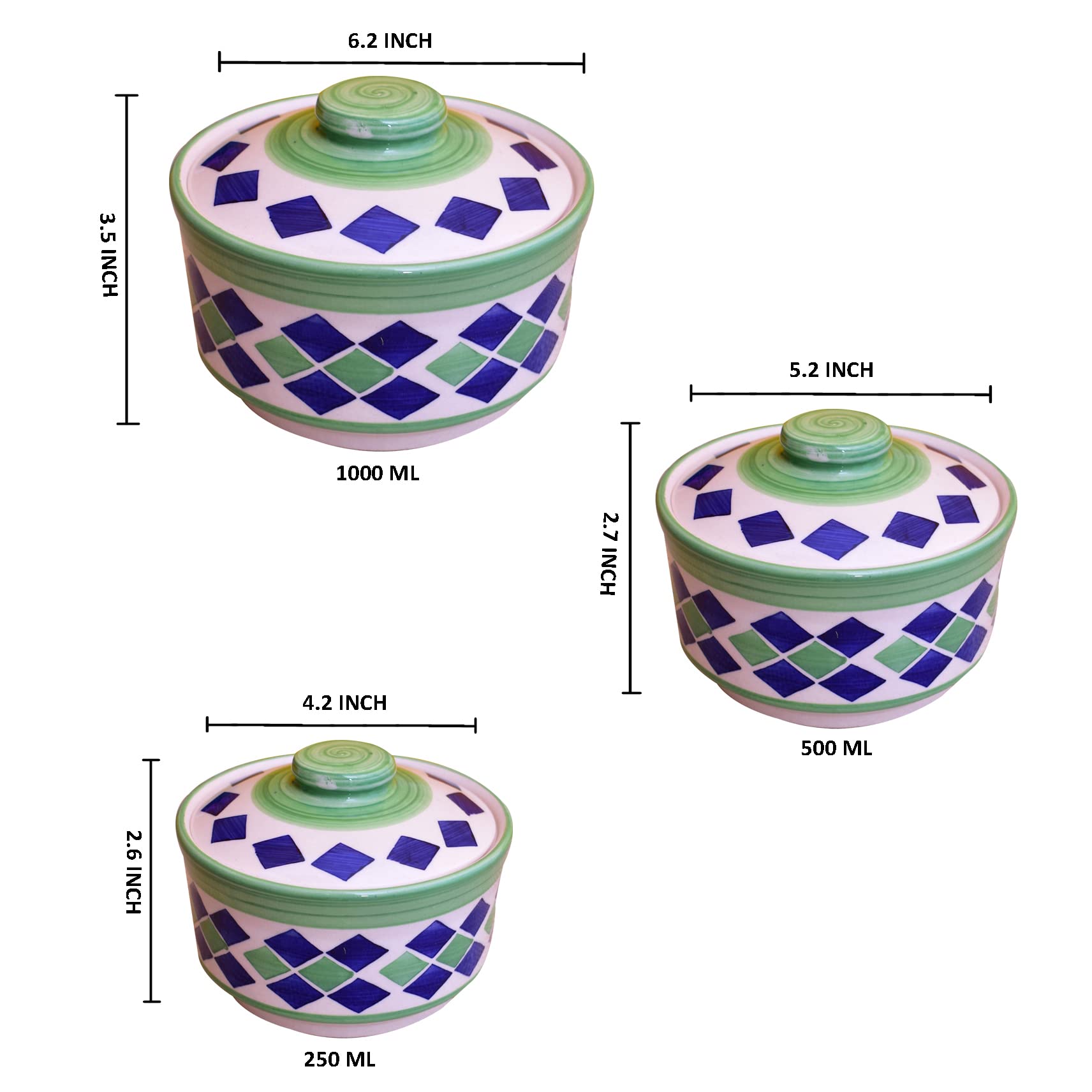 Kunhar Ceramic Donga, Ceramic Serving Donga, 1000 Ml, 500 Ml and 250 Ml, 3 Pieces, Green Blue