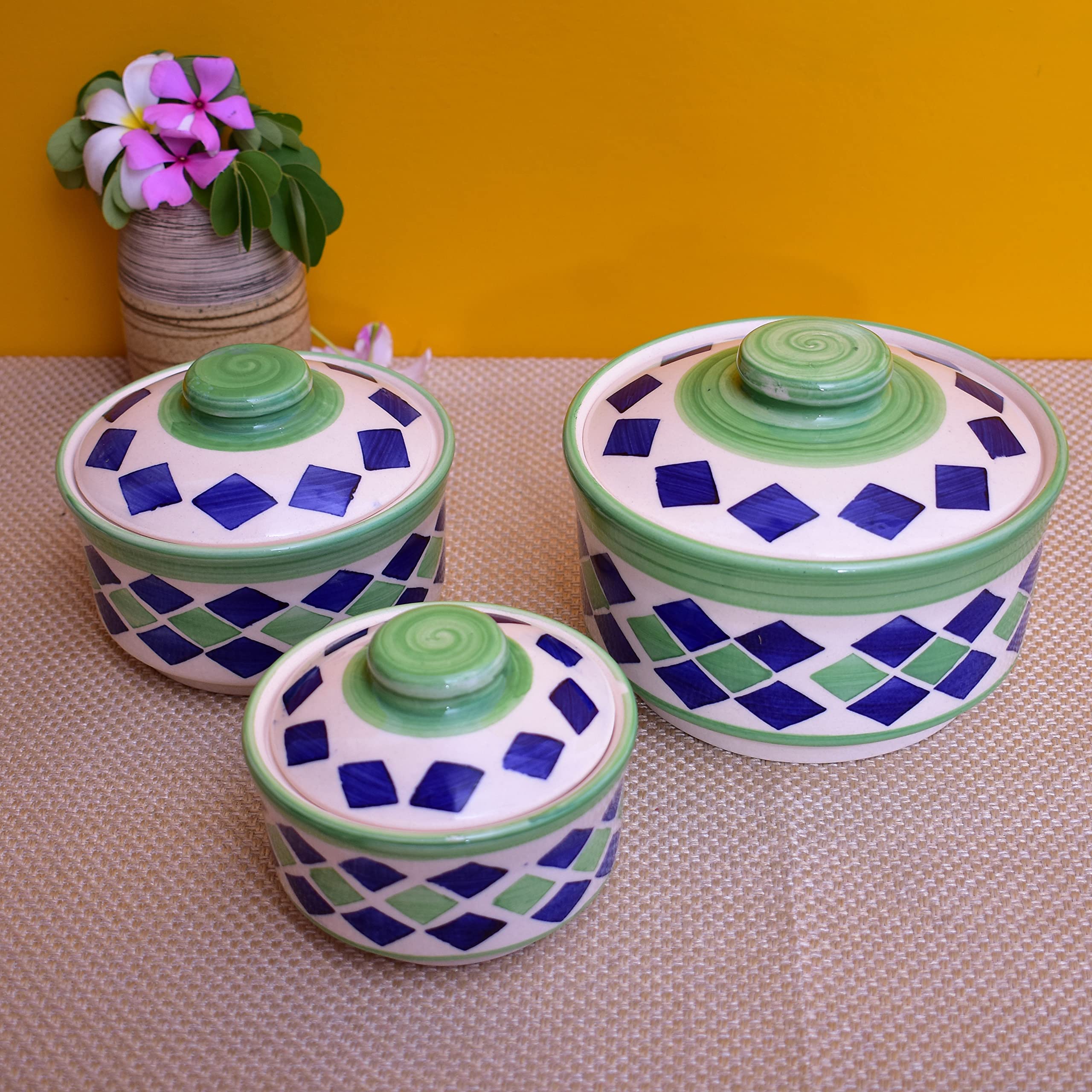 Kunhar Ceramic Donga, Ceramic Serving Donga, 1000 Ml, 500 Ml and 250 Ml, 3 Pieces, Green Blue