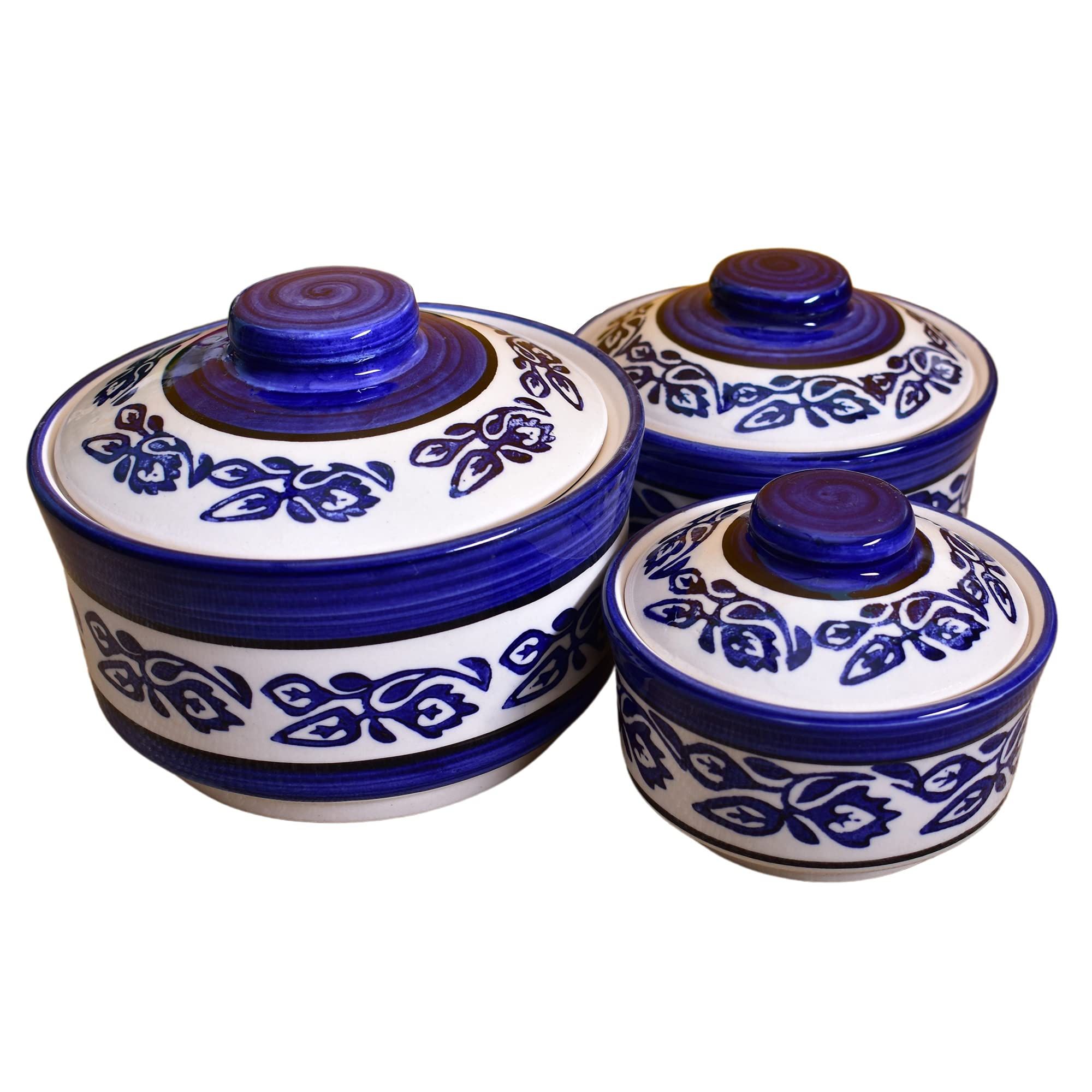 Kunhar Ceramic Donga, Ceramic Serving Donga, 1000 Ml, 500 Ml and 250 Ml, 3 Pieces, Blue Vine