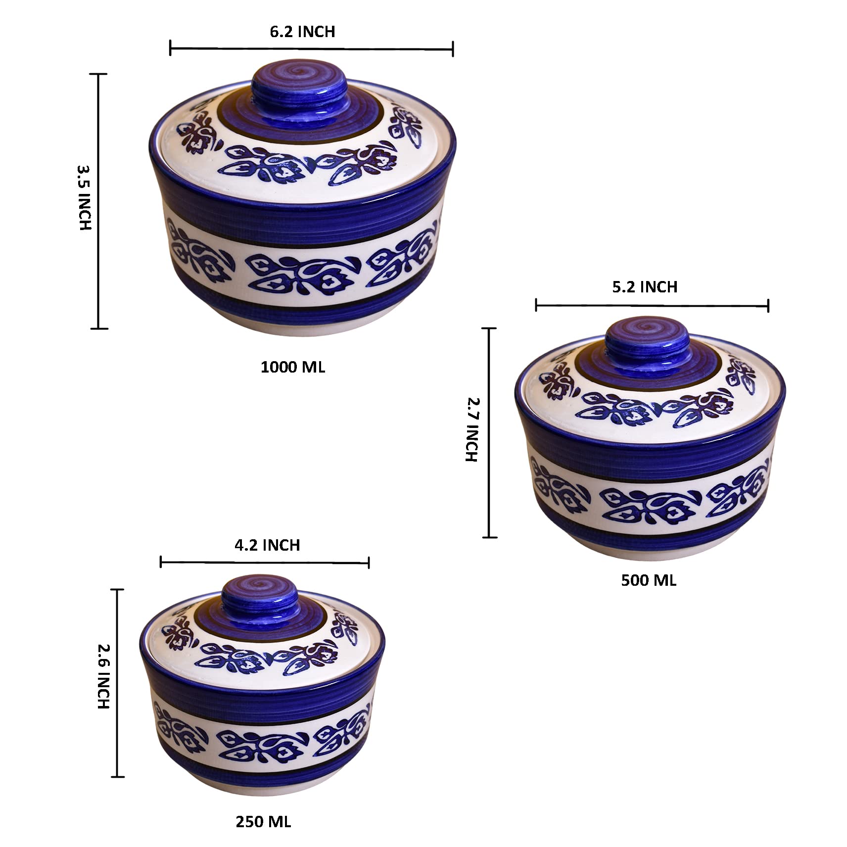 Kunhar Ceramic Donga, Ceramic Serving Donga, 1000 Ml, 500 Ml and 250 Ml, 3 Pieces, Blue Vine