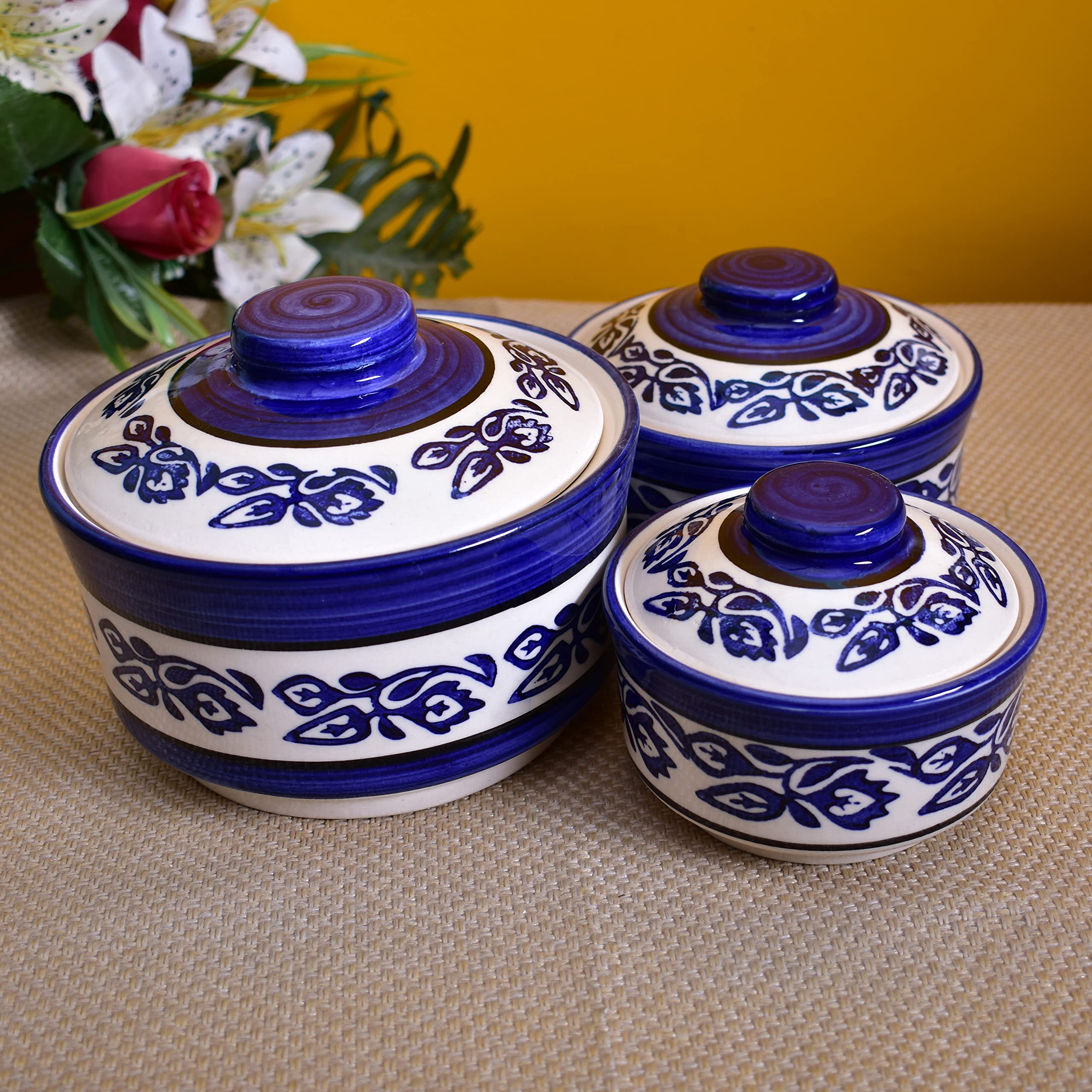 Kunhar Ceramic Donga, Ceramic Serving Donga, 1000 Ml, 500 Ml and 250 Ml, 3 Pieces, Blue Vine