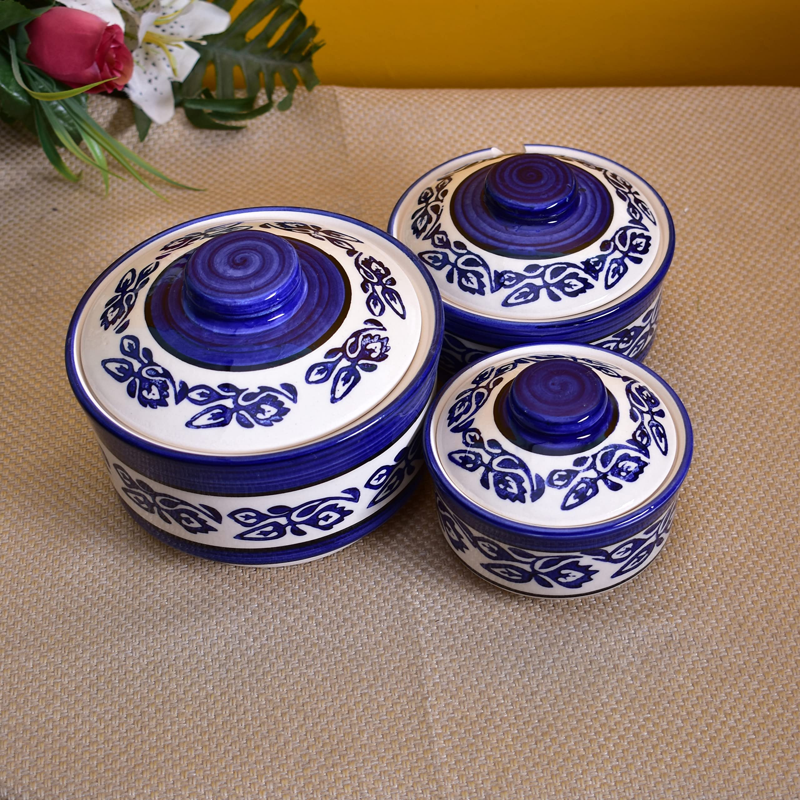 Kunhar Ceramic Donga, Ceramic Serving Donga, 1000 Ml, 500 Ml and 250 Ml, 3 Pieces, Blue Vine