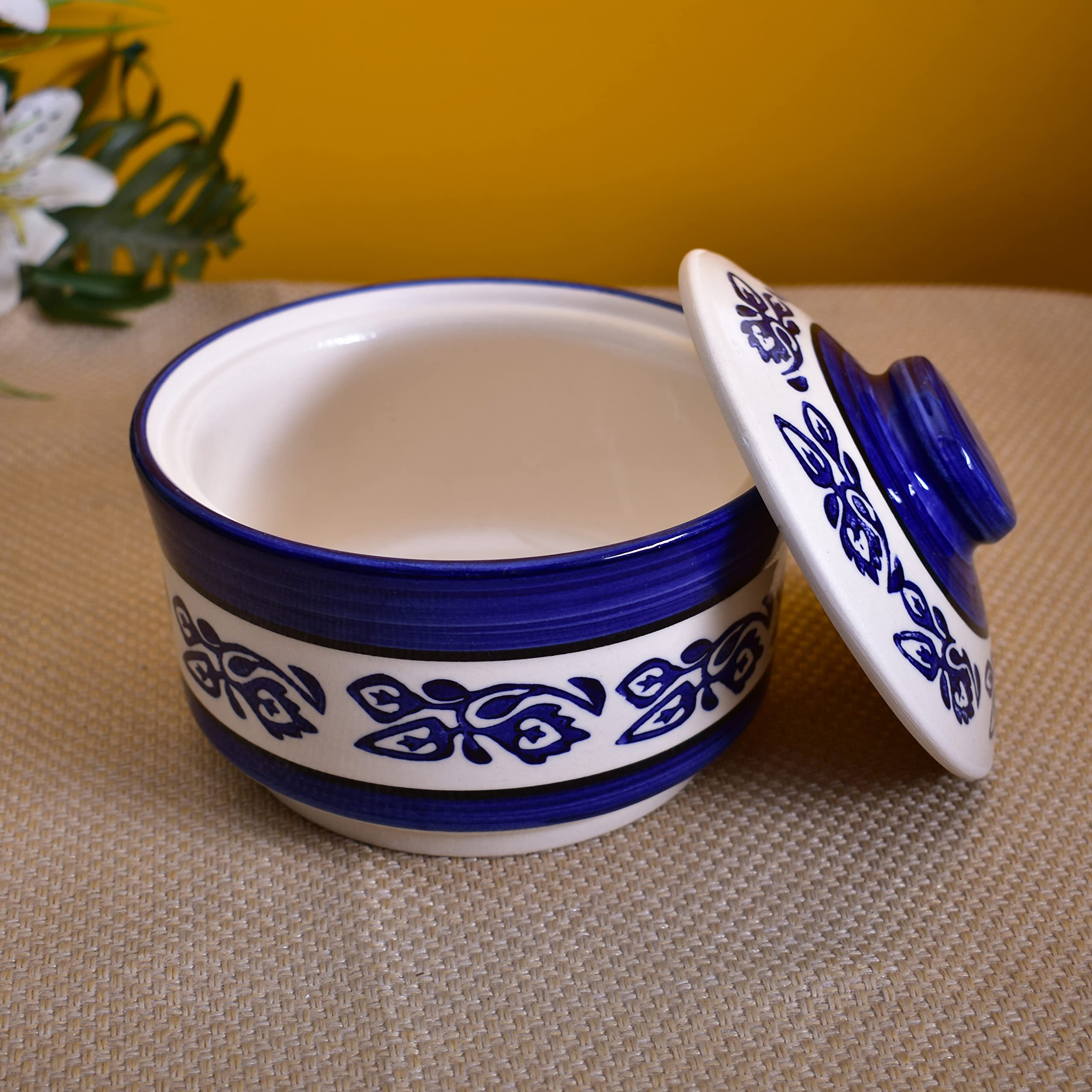 Kunhar Ceramic Donga, Ceramic Serving Donga, 1000 Ml, 500 Ml and 250 Ml, 3 Pieces, Blue Vine