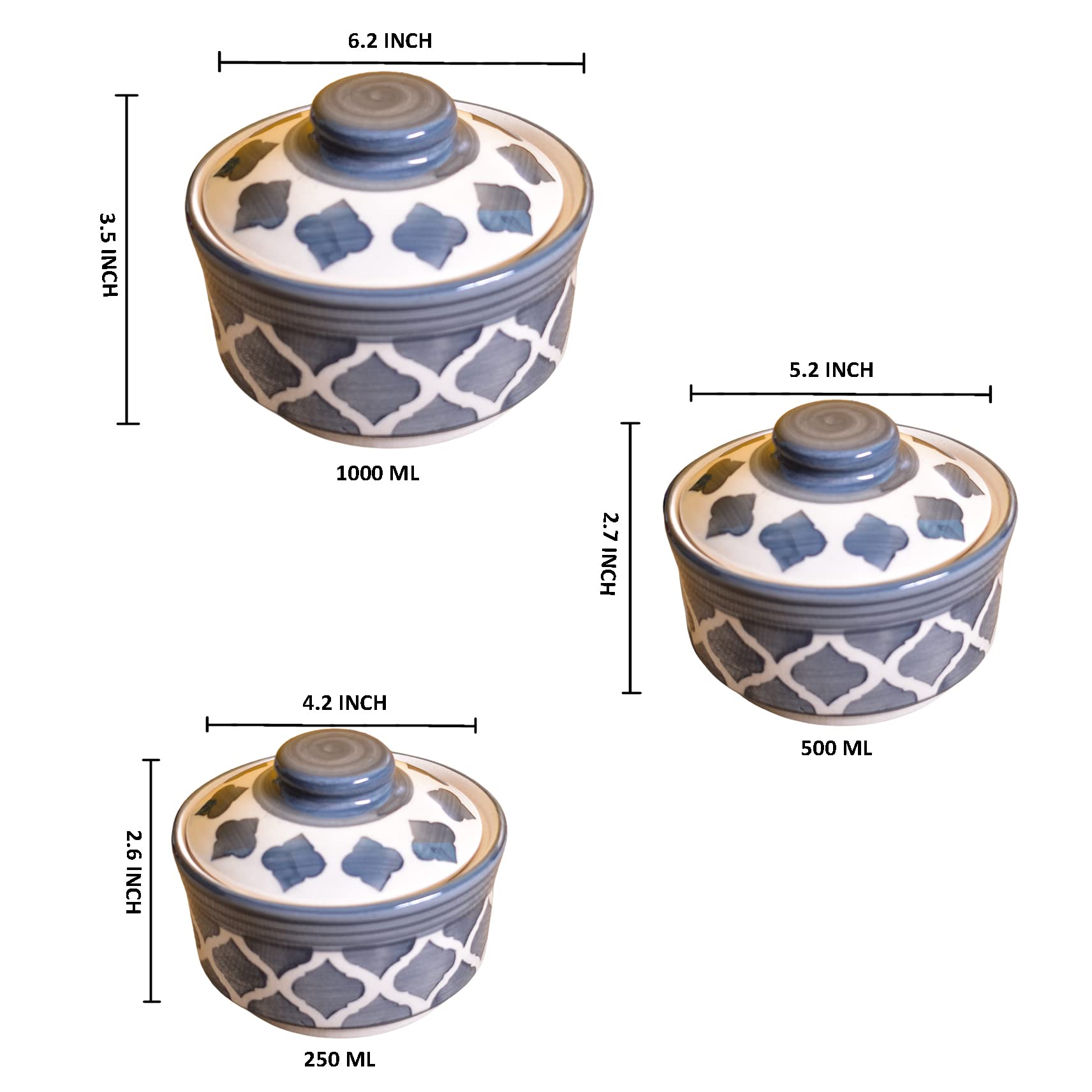 Kunhar Ceramic Donga with Lid, Ceramic Serving Donga, 1000 Ml, 500 Ml and 250 Ml, 3 Pieces, Grey Chidi