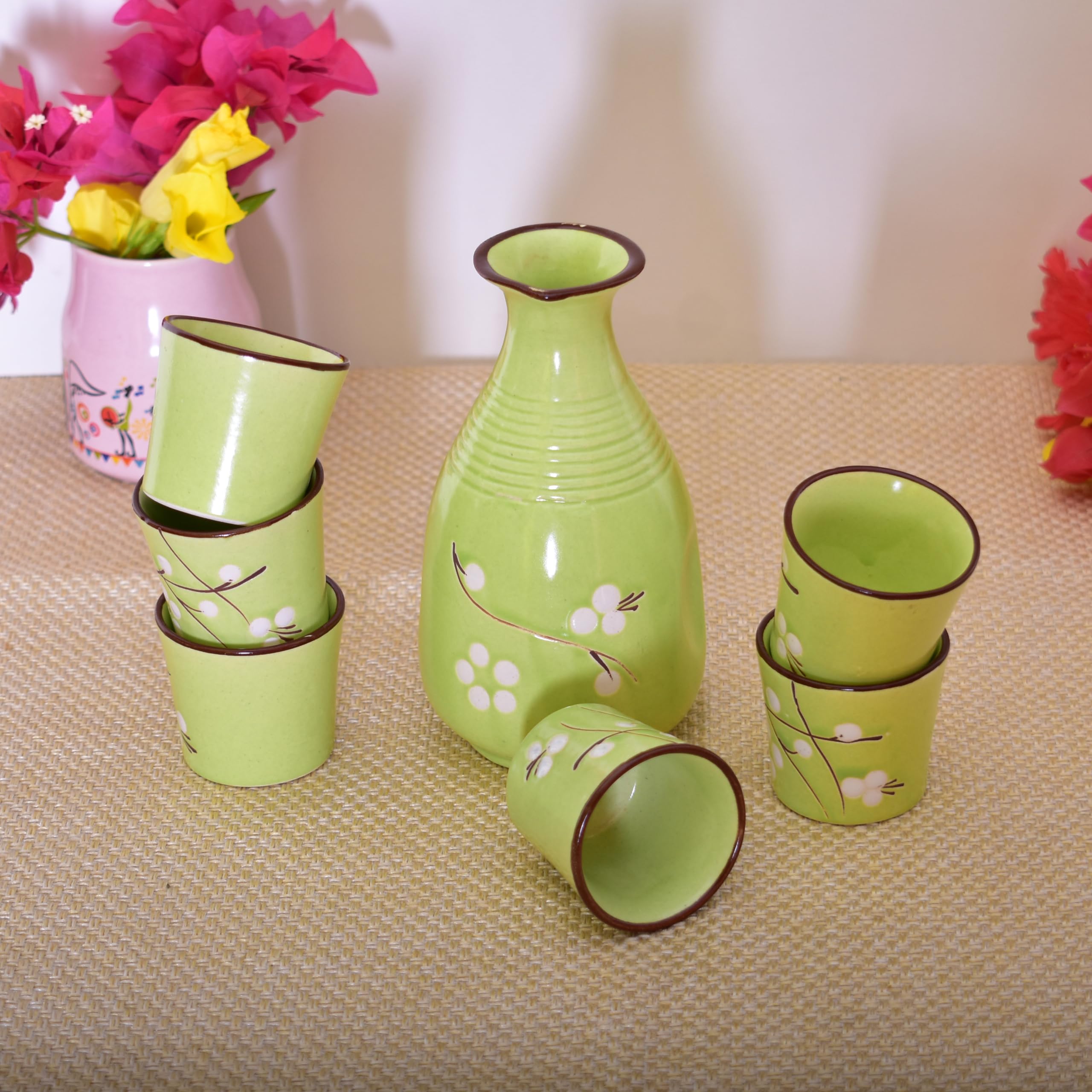 KunhaR Handmade Ceramic Tequila & Whiskey Decanter Set (300 Ml) with 6 Shot Glasses, Green