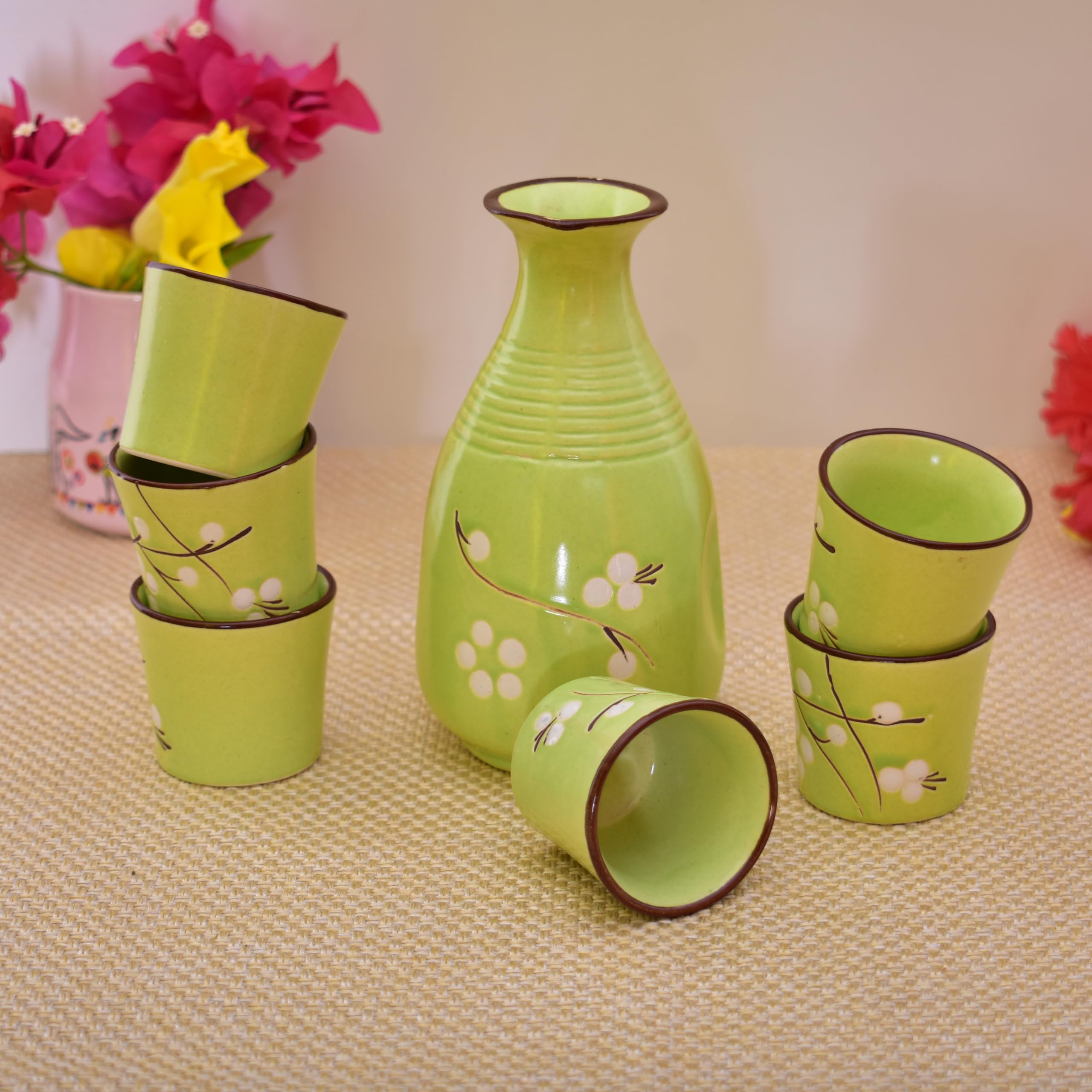 KunhaR Handmade Ceramic Tequila & Whiskey Decanter Set (300 Ml) with 6 Shot Glasses, Green