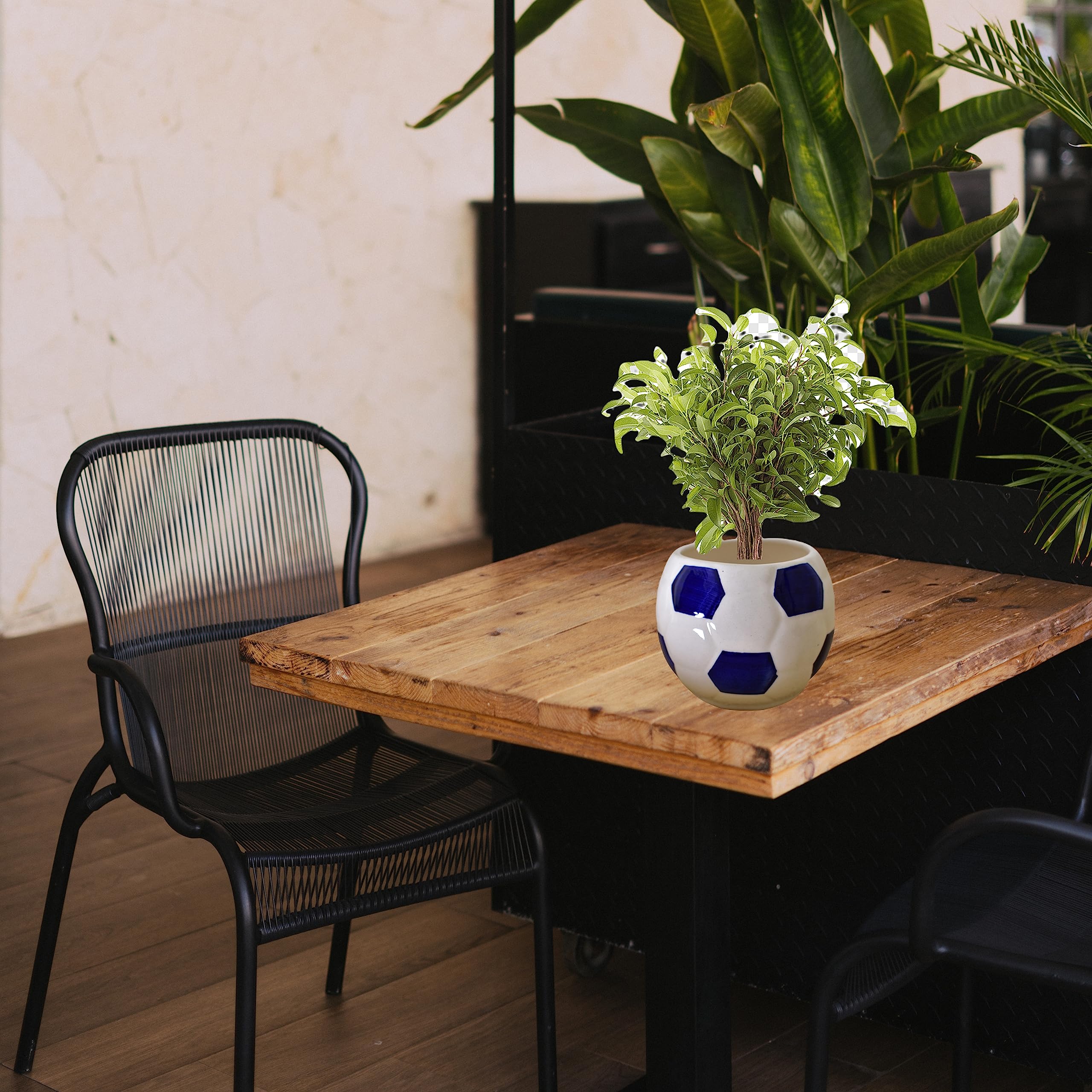 Kunhar Ceramic Football Planter, Football Shape Flower Pot, Without Plant, White Blue
