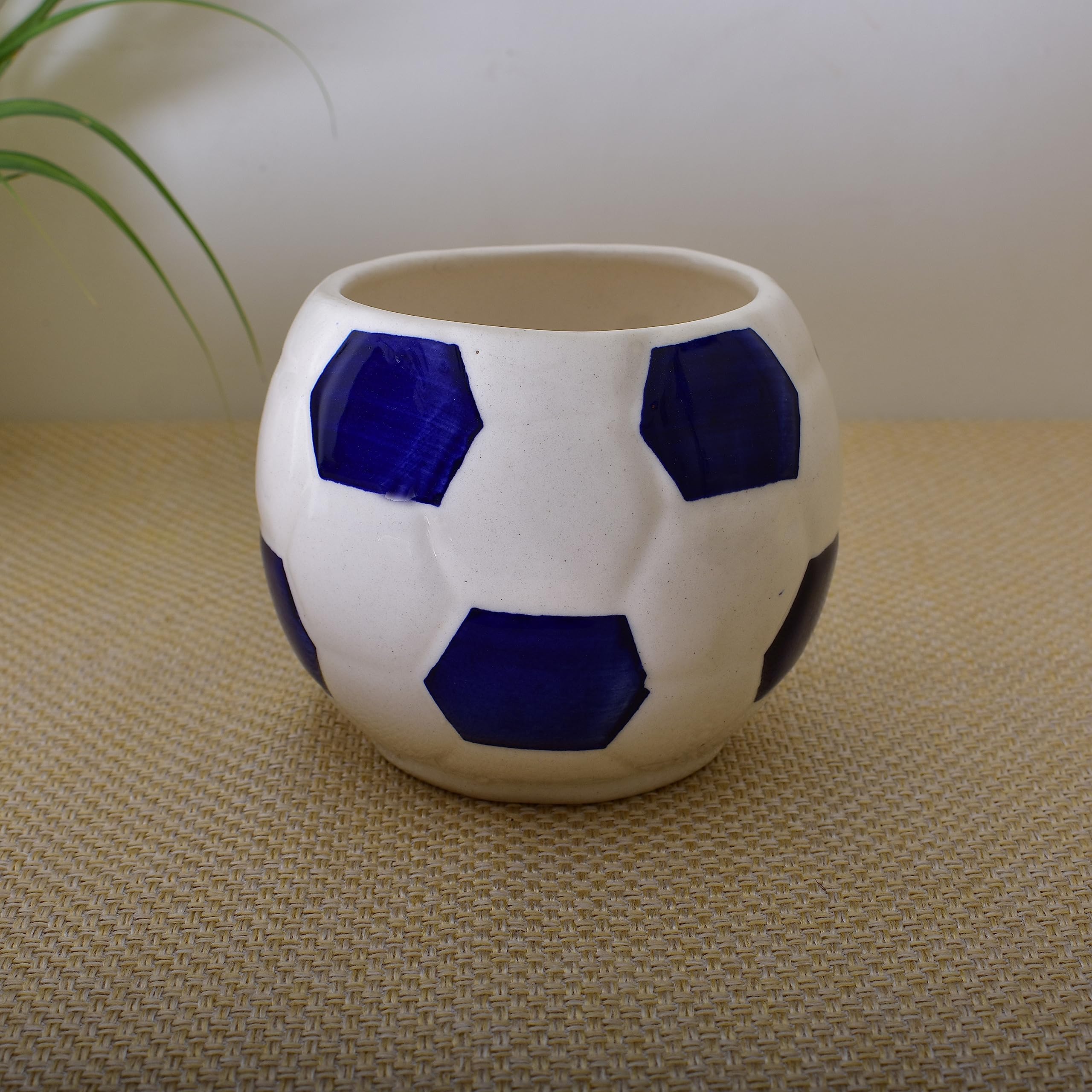 Kunhar Ceramic Football Planter, Football Shape Flower Pot, Without Plant, White Blue