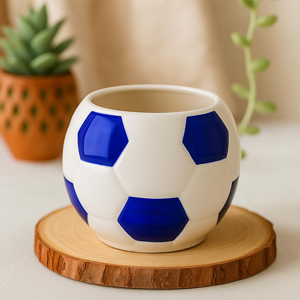 Kunhar Ceramic Football Planter, Football Shape Flower Pot, Without Plant, White Blue