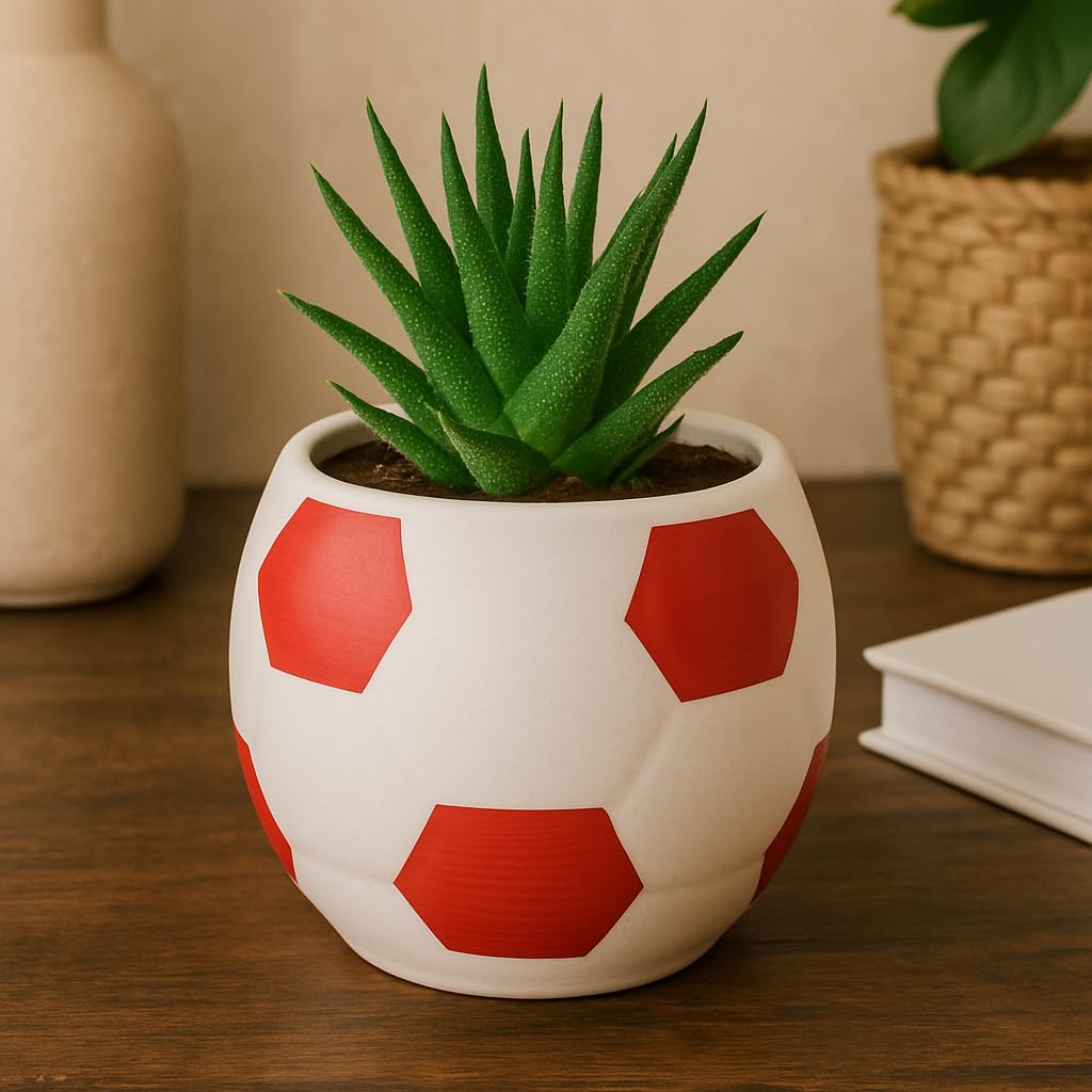 Kunhar Ceramic Football Planter, Football Shape Flower Pot, Without Plant, White Red