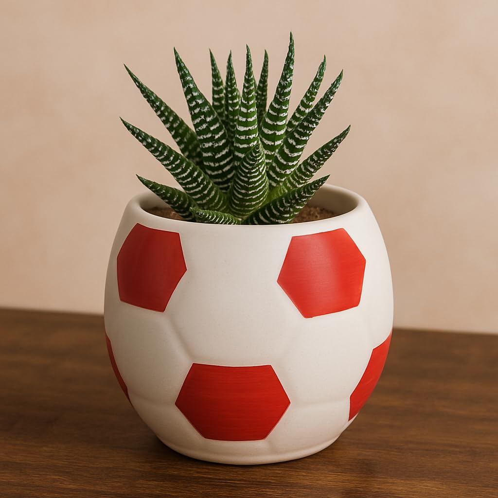 Kunhar Ceramic Football Planter, Football Shape Flower Pot, Without Plant, White Red