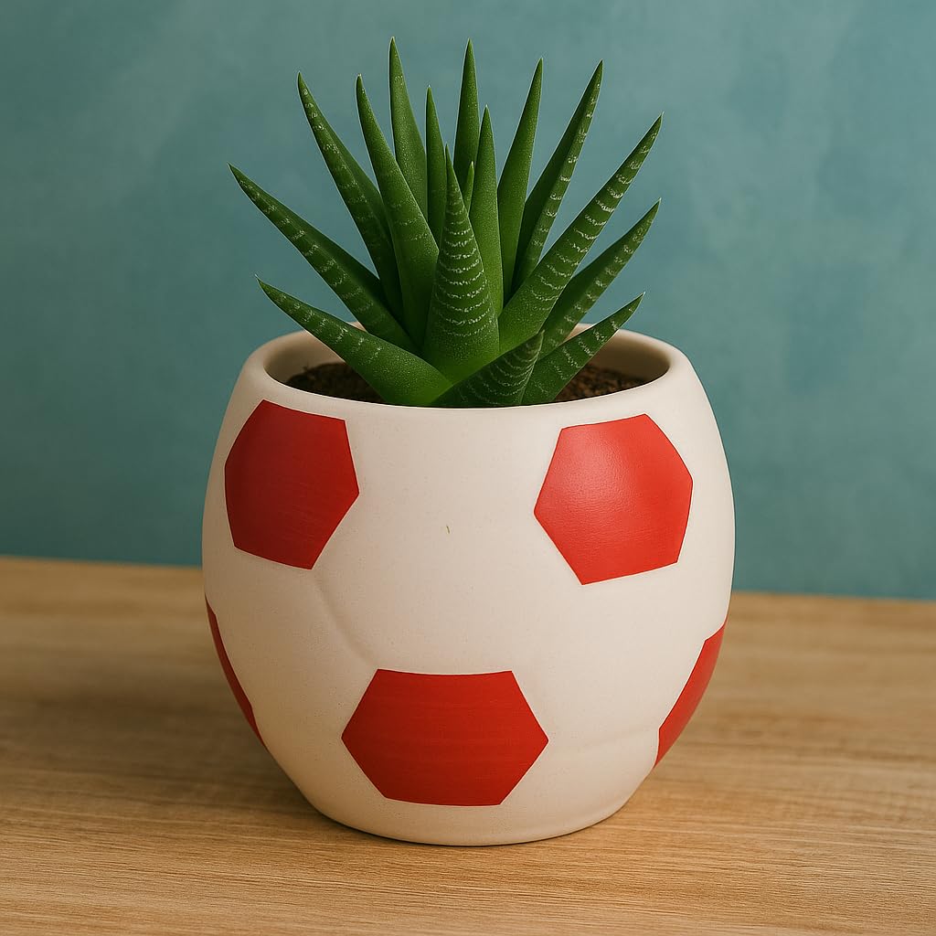 Kunhar Ceramic Football Planter, Football Shape Flower Pot, Without Plant, White Red