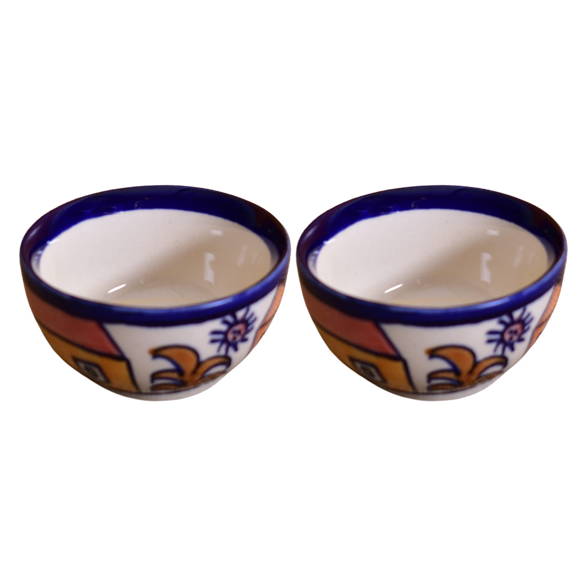 Kunhar Ceramic Dessert Bowls - 150 Ml, 2 Pieces, Hut Painting Multicolor