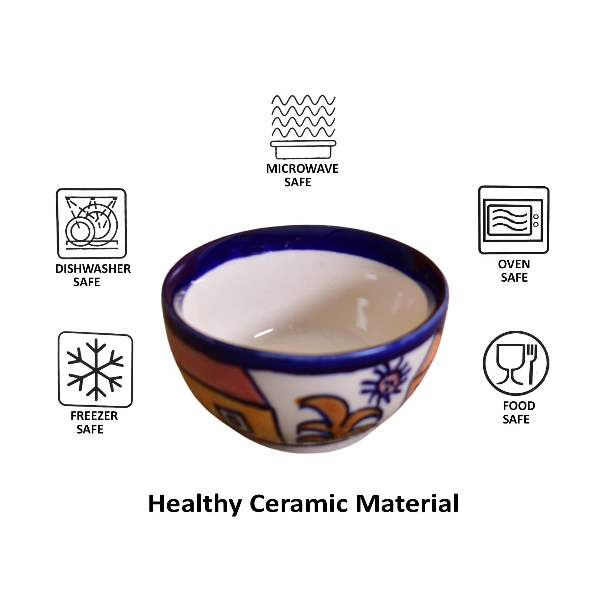 Kunhar Ceramic Dessert Bowls - 150 Ml, 4 Pieces, Hut Painting Multicolor