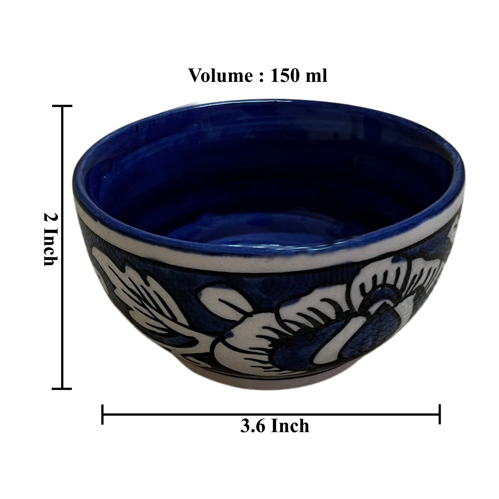 Kunhar Ceramic Blue Mugal Painted Dessert Bowls - 150 Ml, 6 Pieces, Blue Mugal